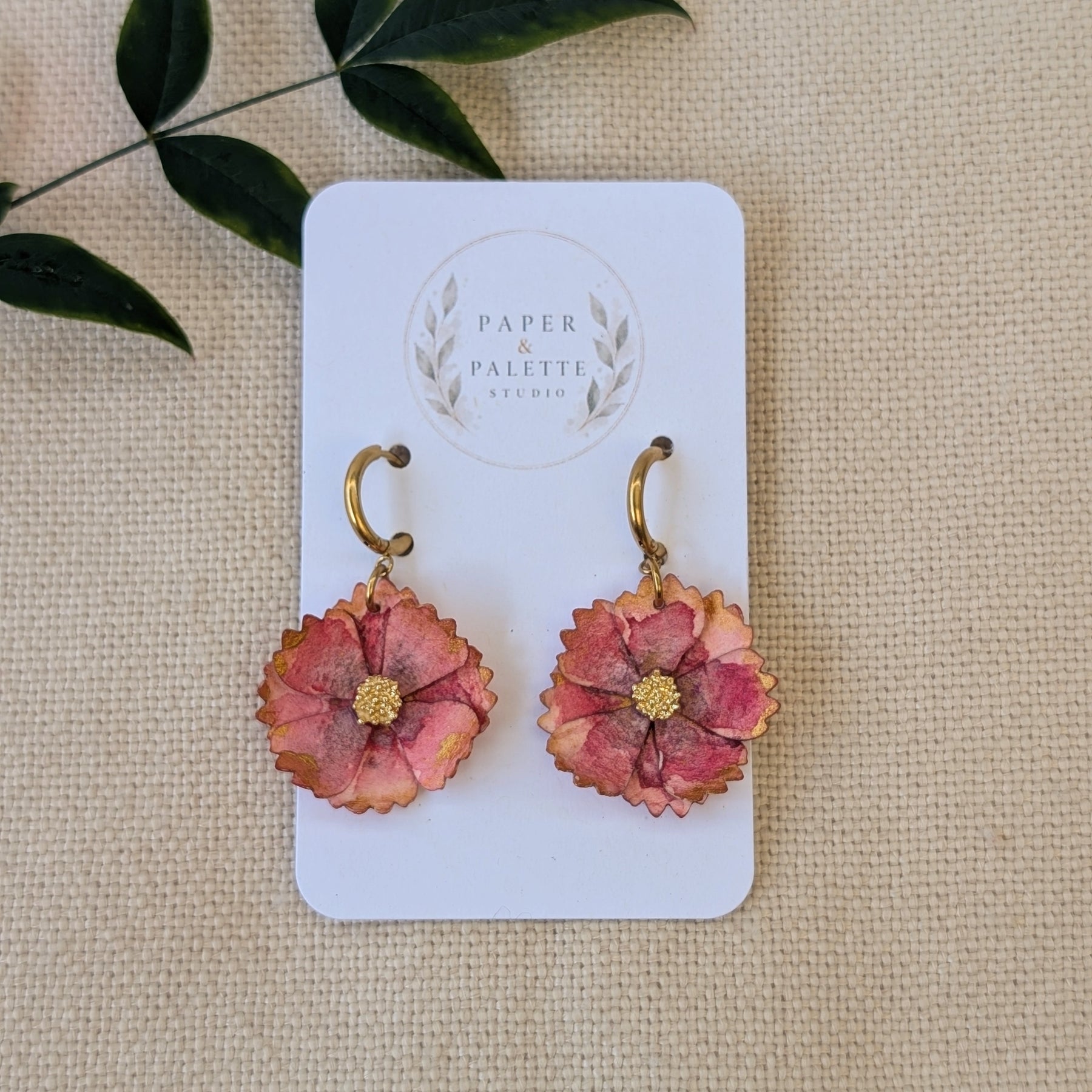 Cosmos Flower Earrings – Hand-Painted Huggie Hoop Statement Earrings