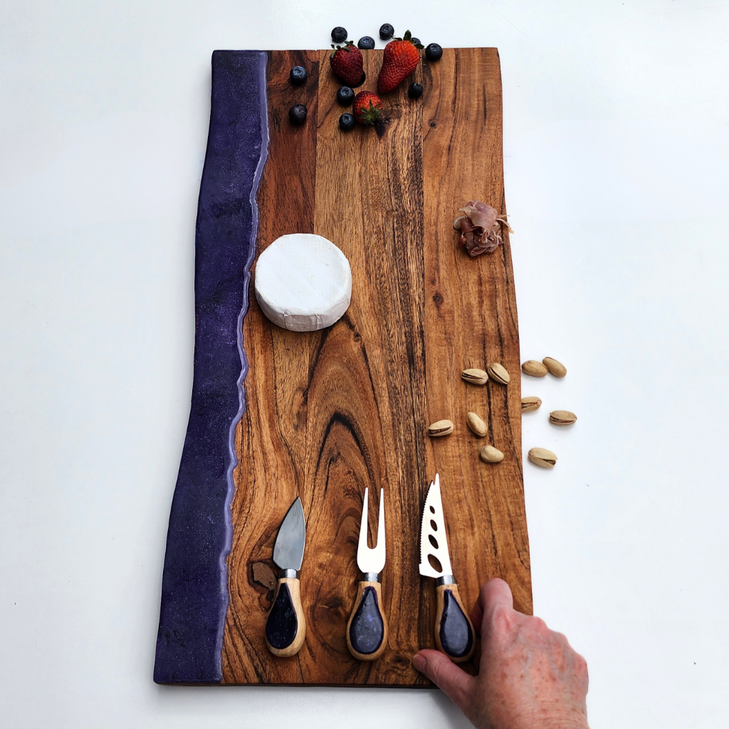 "Dusky Velvet Shore" - resin Charcuterie Board with cheese knives