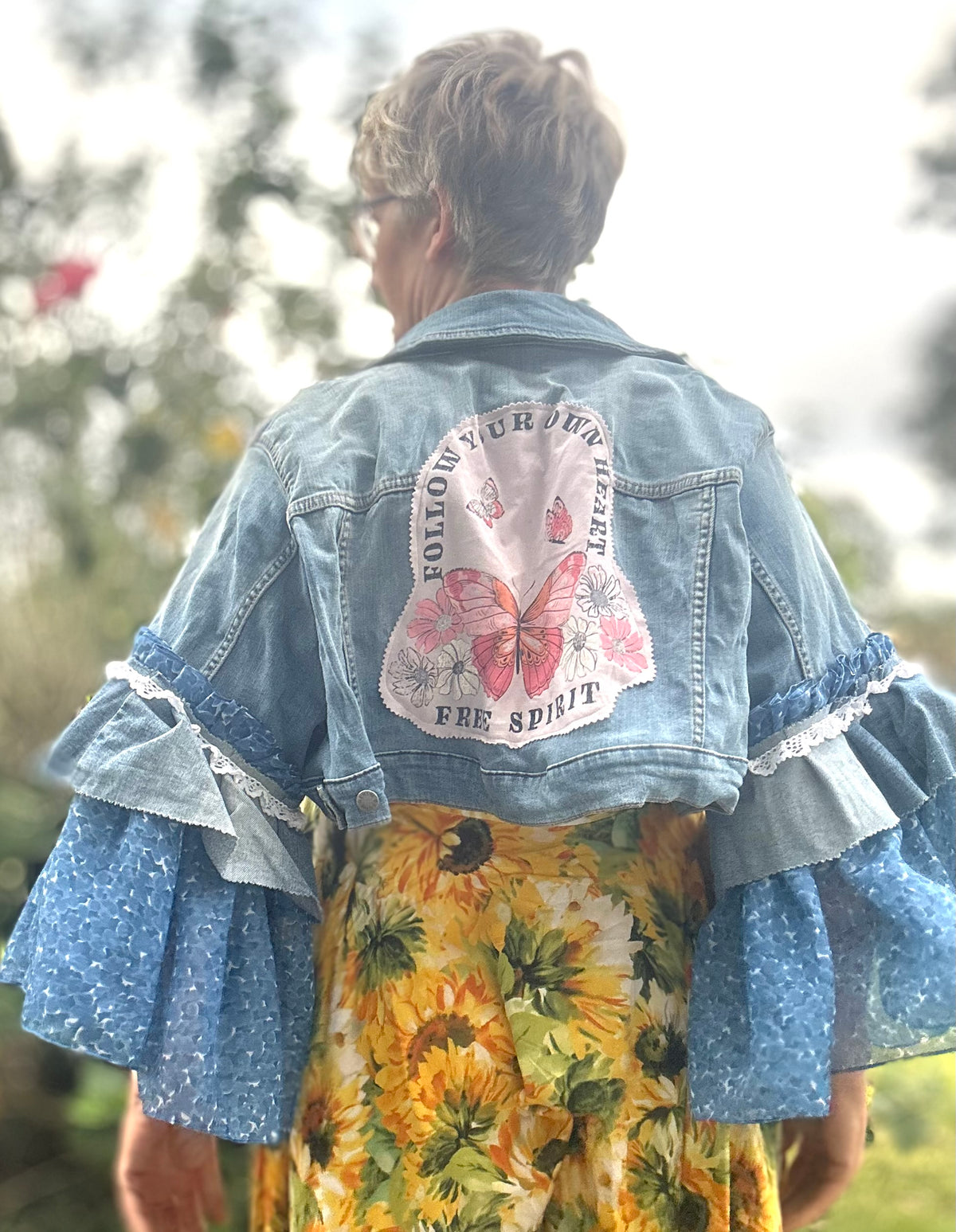 Upcycled Denim Jacket Full Chiffon Sleeves