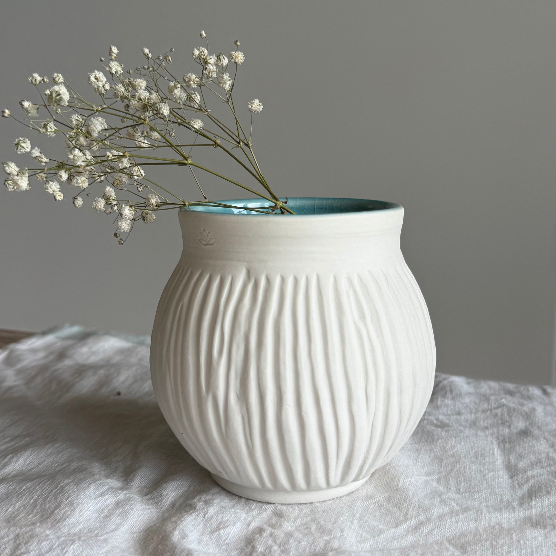 Aegean - Handcarved Raw Porcelain Vessel - White Blue Vase
