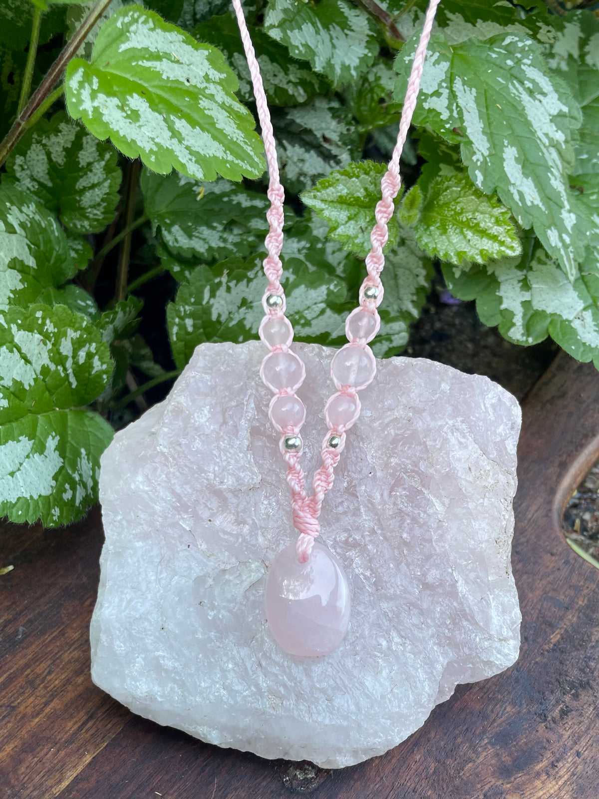 Rose Quartz Pendant, oval shape, beaded necklace adjustable