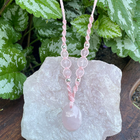 Rose Quartz Pendant, oval shape, beaded necklace adjustable