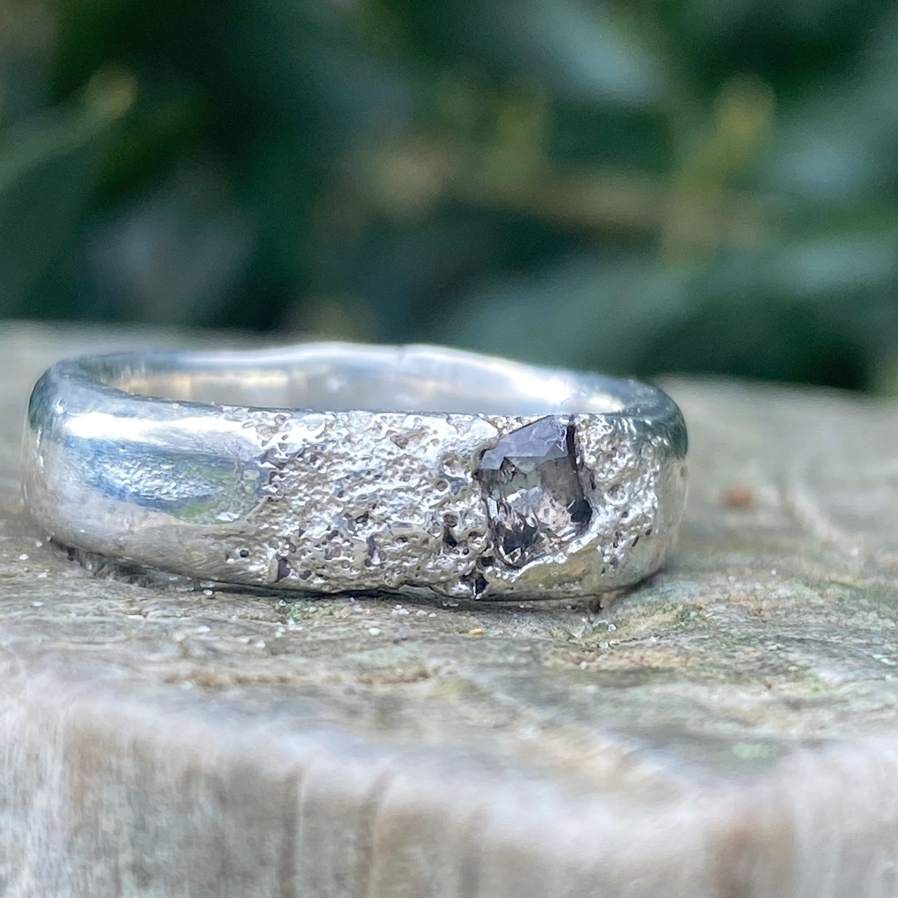 Rockpool Ring – Beach Sand Cast Sterling Silver & Smoky Nanosital – Size N