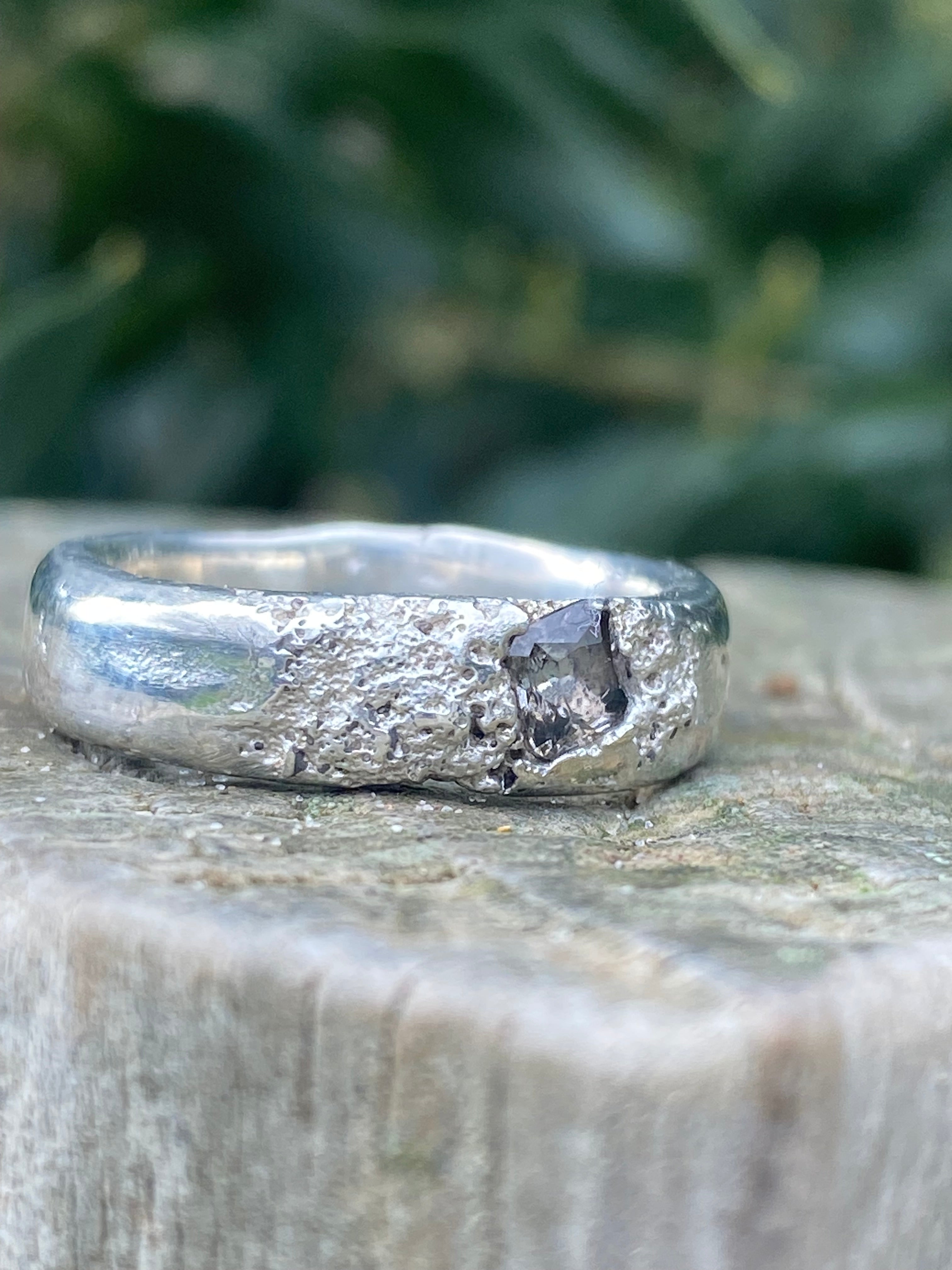 Rockpool Ring – Beach Sand Cast Sterling Silver & Smoky Nanosital – Size N
