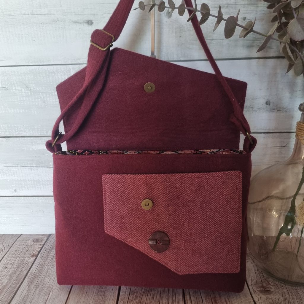 Upcycled assymetrical crossbody messenger bag - burgundy wool