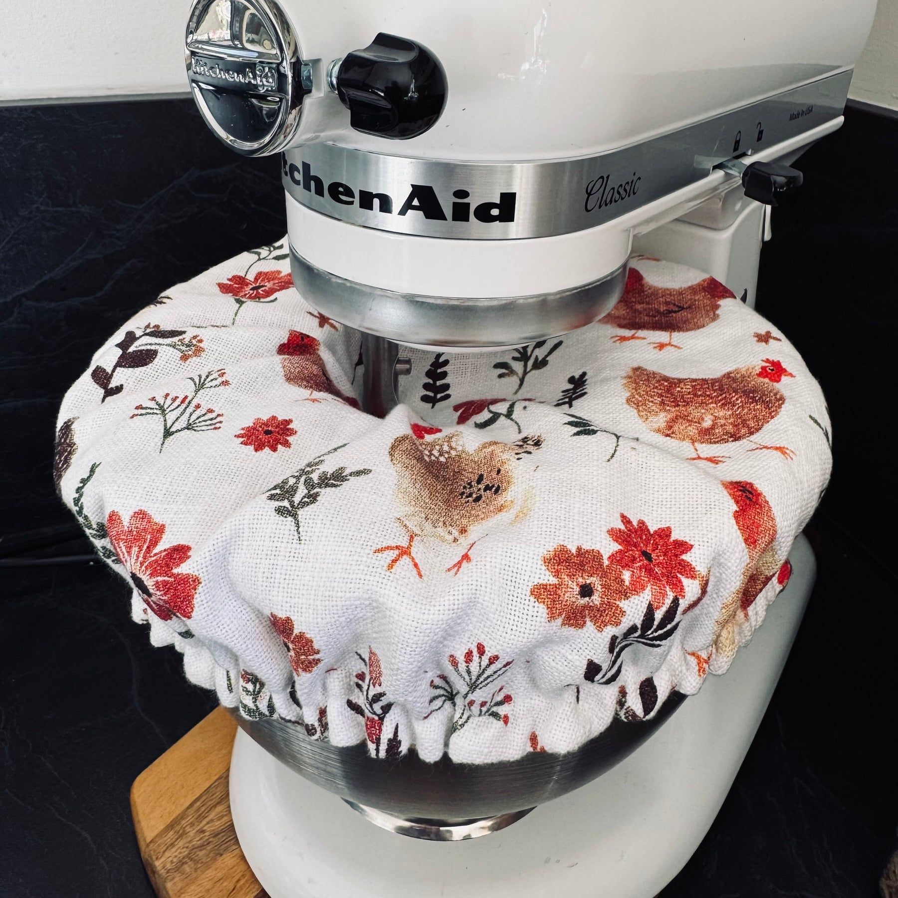 Reversible Cotton Bowl Cover – Muted Mustard Gingham & Country Chickens (Fits KitchenAid & Mason Cash)