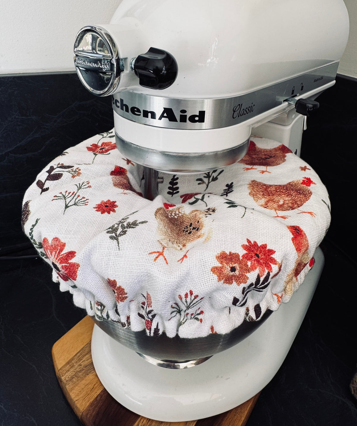 Reversible Cotton Bowl Cover – Muted Mustard Gingham & Country Chickens (Fits KitchenAid & Mason Cash)