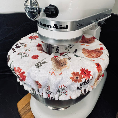Reversible Cotton Bowl Cover – Muted Mustard Gingham & Country Chickens (Fits KitchenAid & Mason Cash)