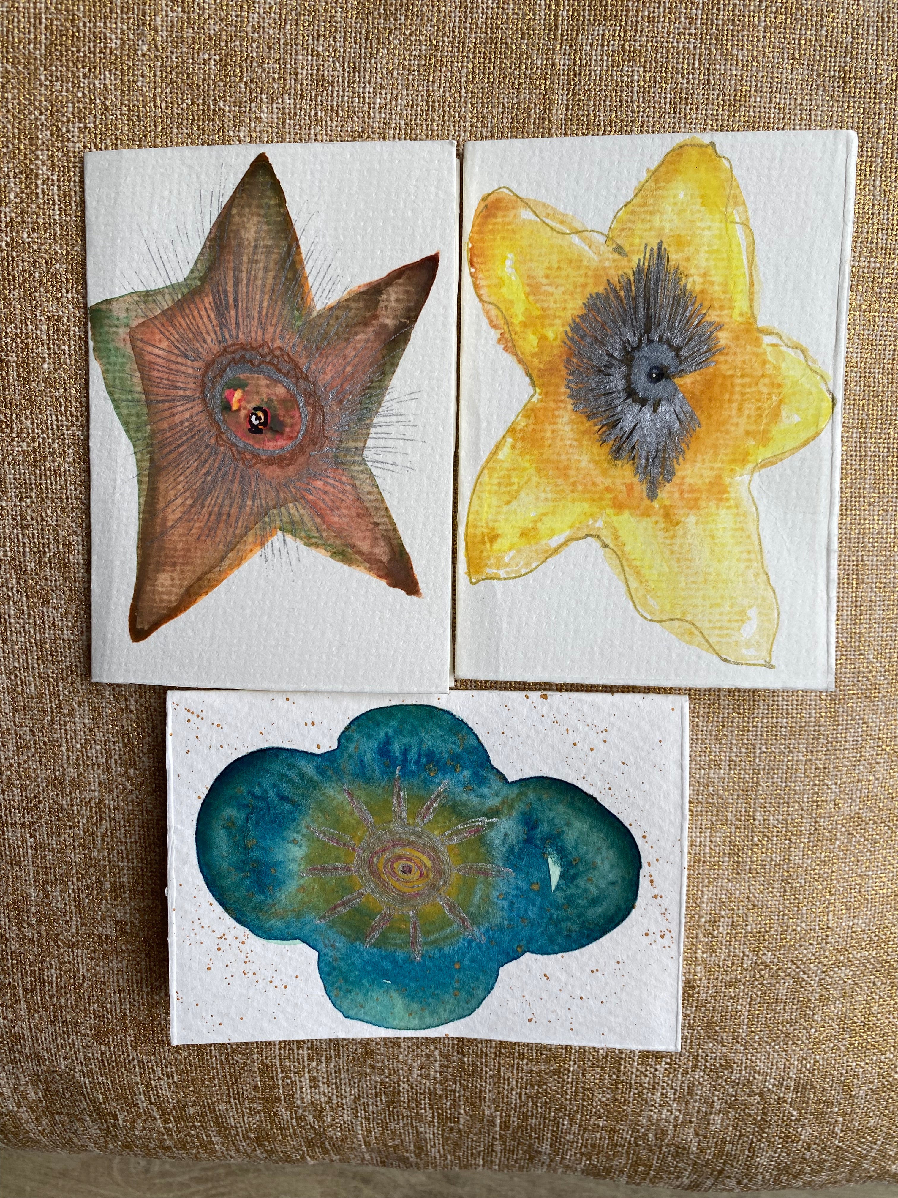 Three Sparkly Hand Painted Watercolour Cards | Handmade Unique Blank Flower Cards