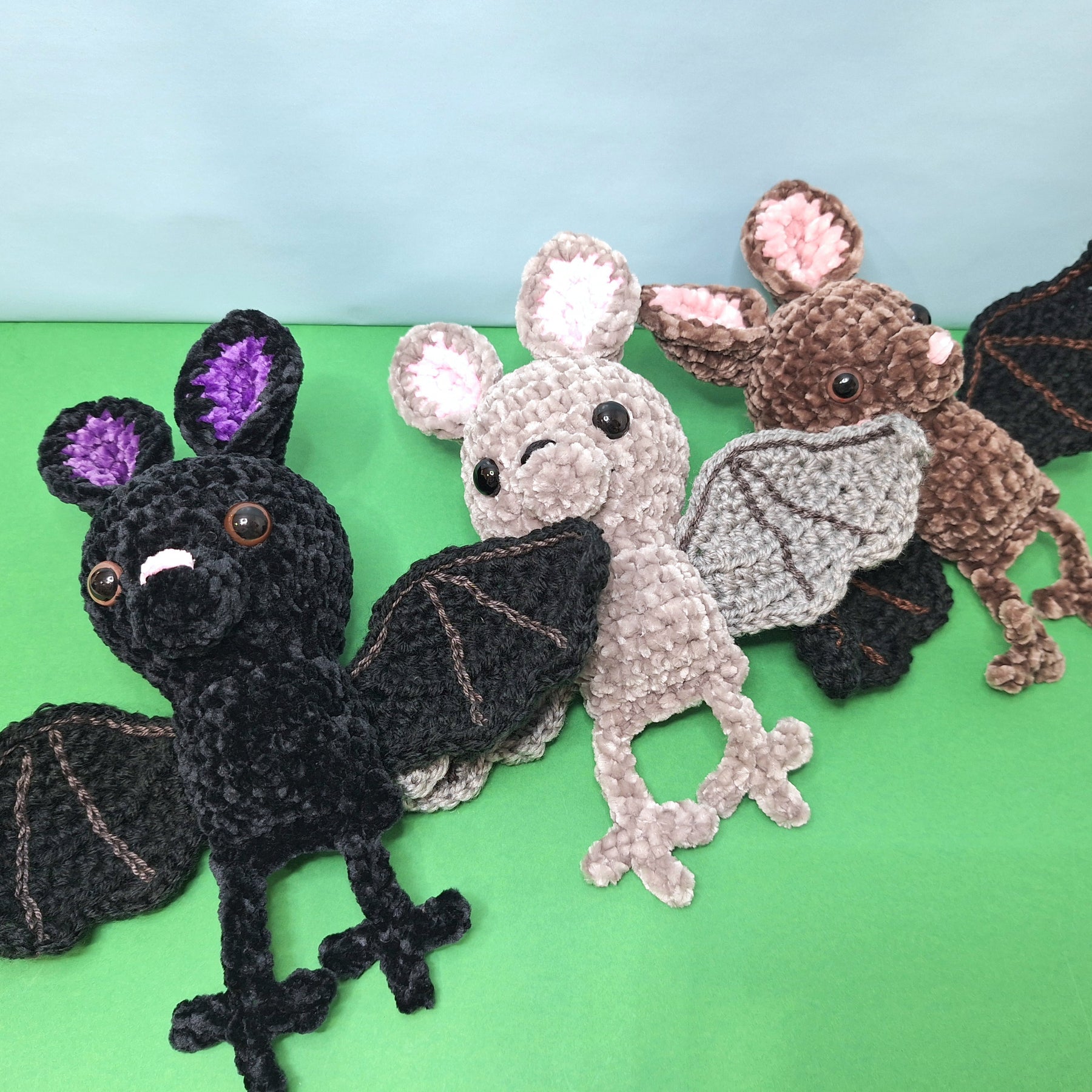 Soft, grey velvet crocheted fruit bat