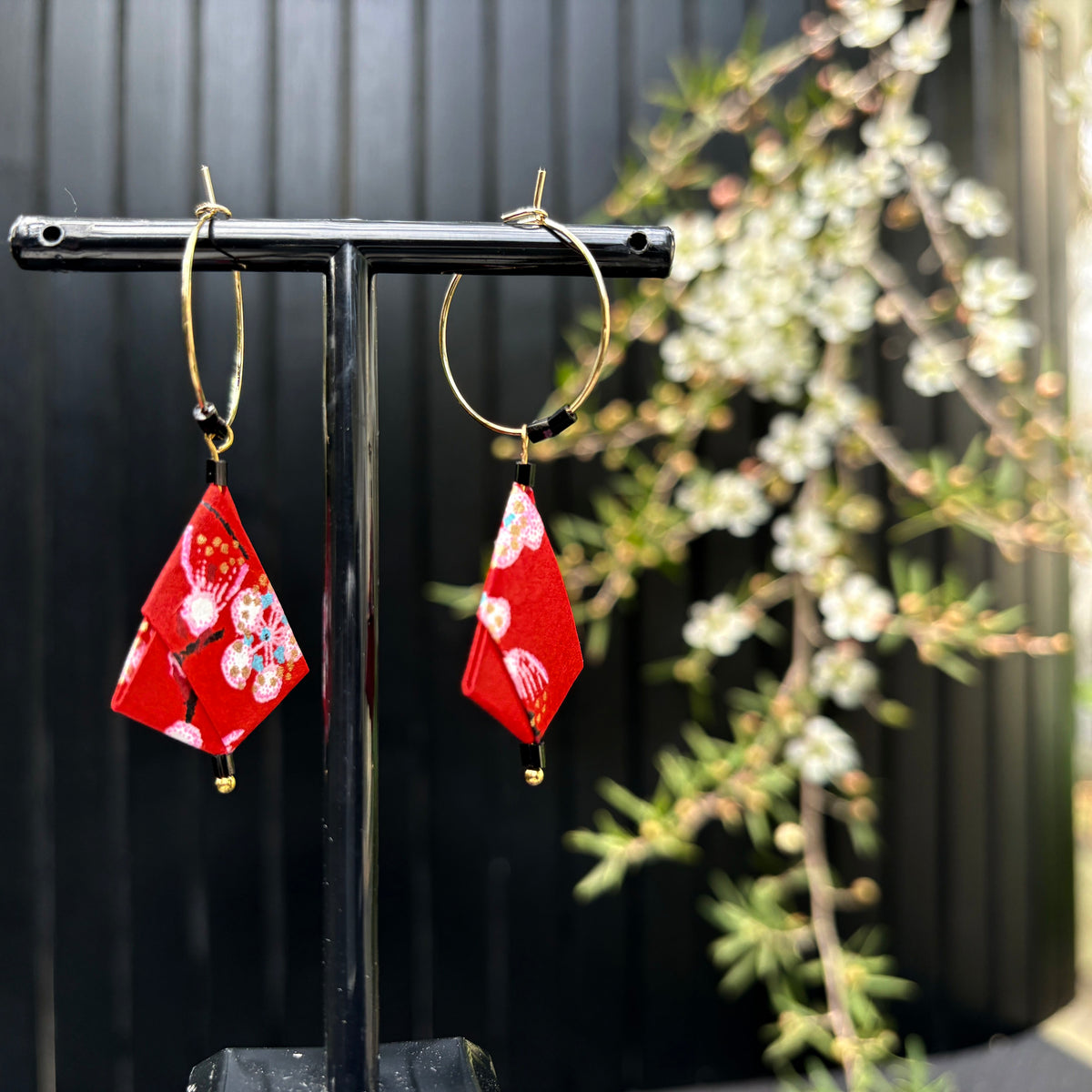 Origami Hoop Earrings – Crimson Plum.  Japanese Yuzen Chiyogami