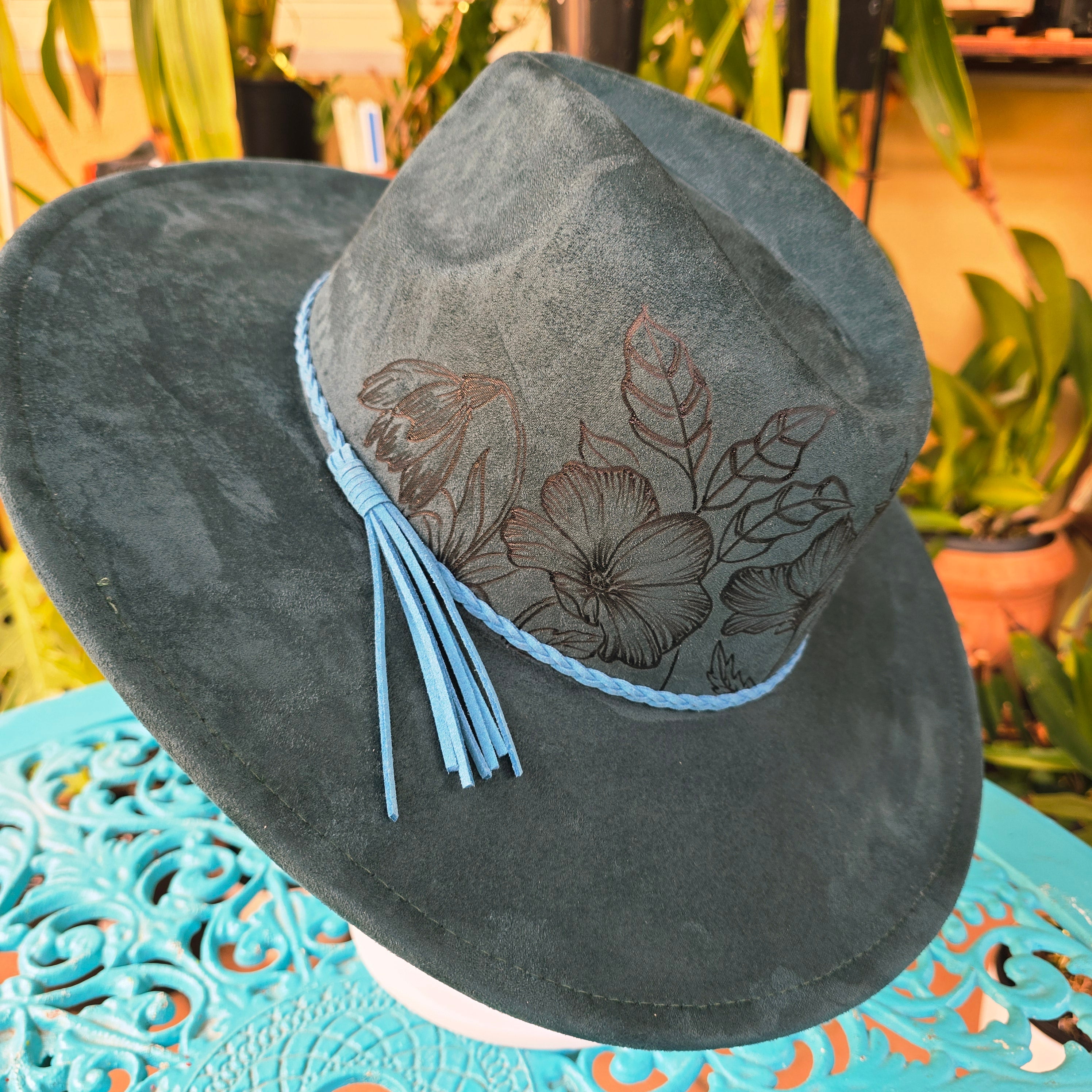 Hand burnt deep green floral fedora hat