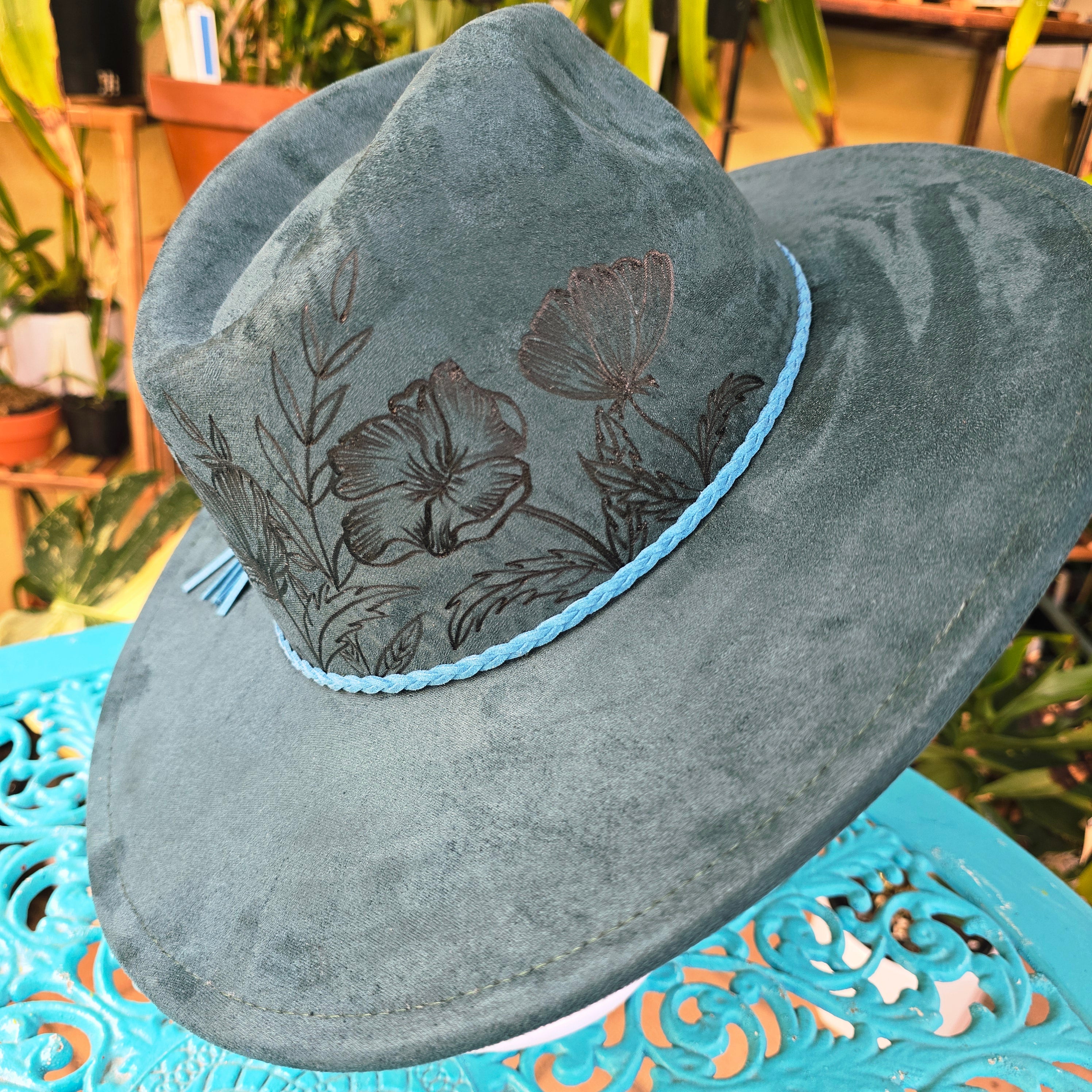 Hand burnt deep green floral fedora hat