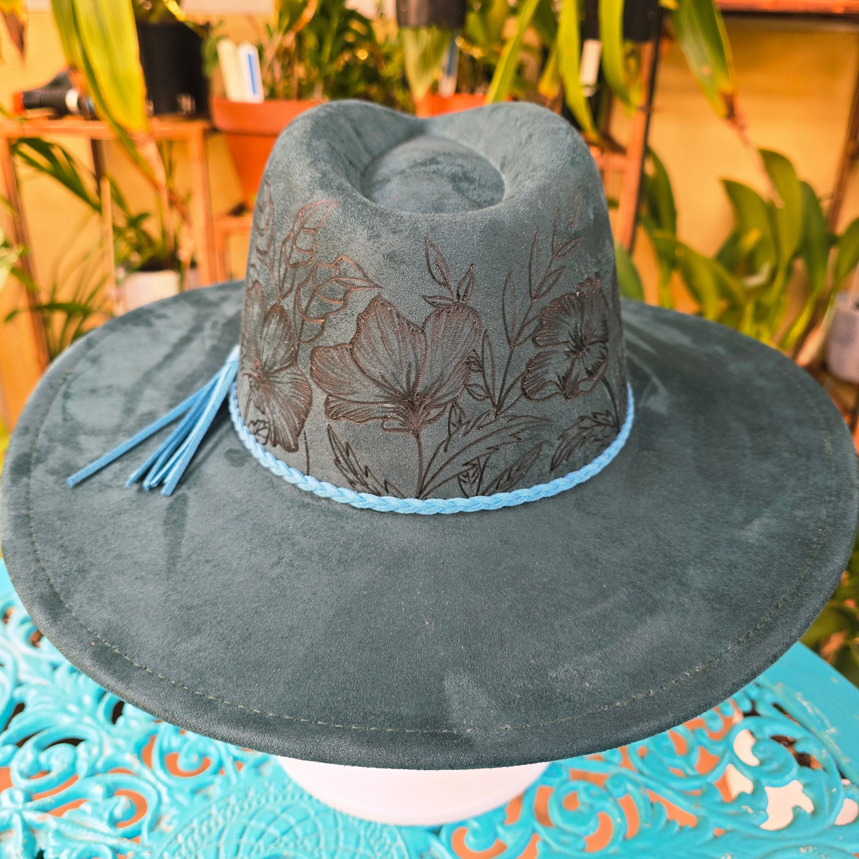 Hand burnt deep green floral fedora hat