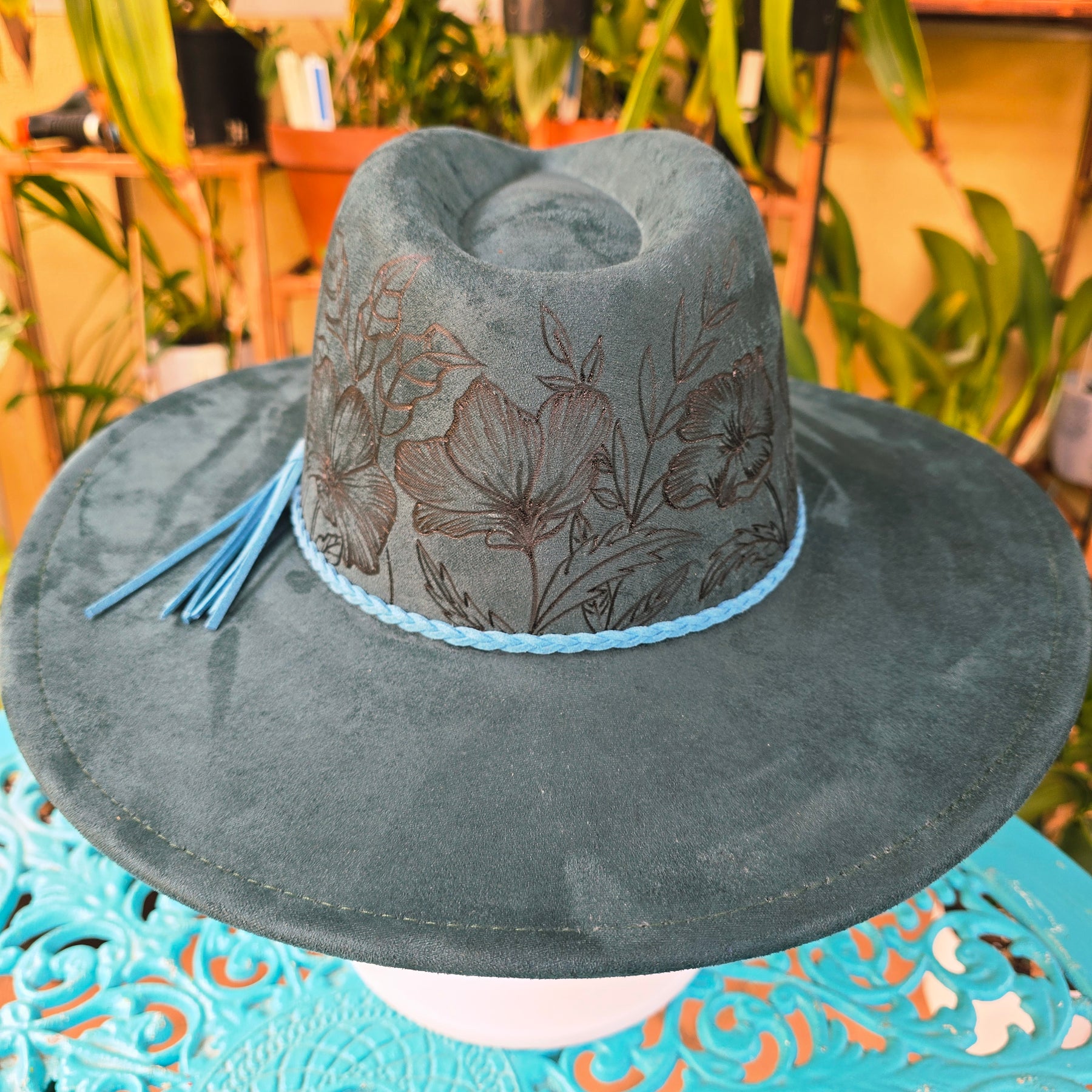 Hand burnt deep green floral fedora hat