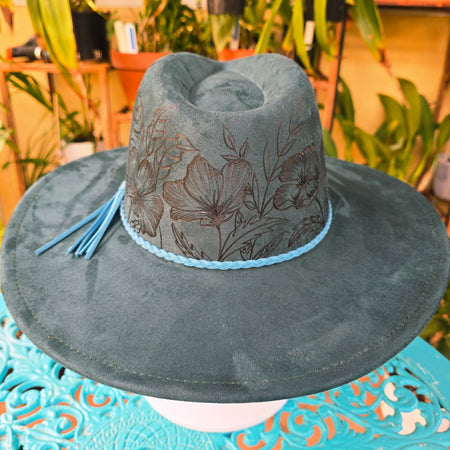 Hand burnt deep green floral fedora hat