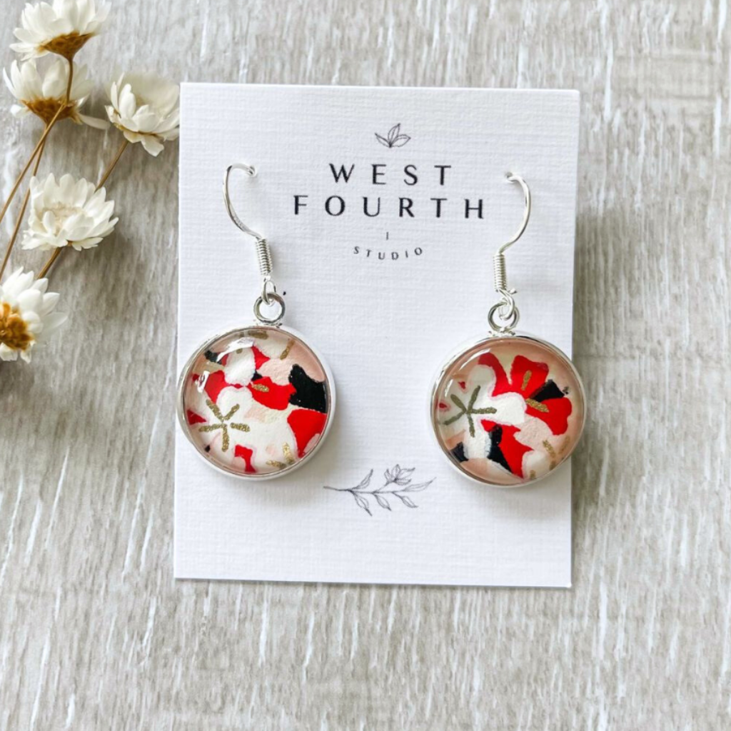 Red, black and white earrings handmade with unique Japanese Origami Papers