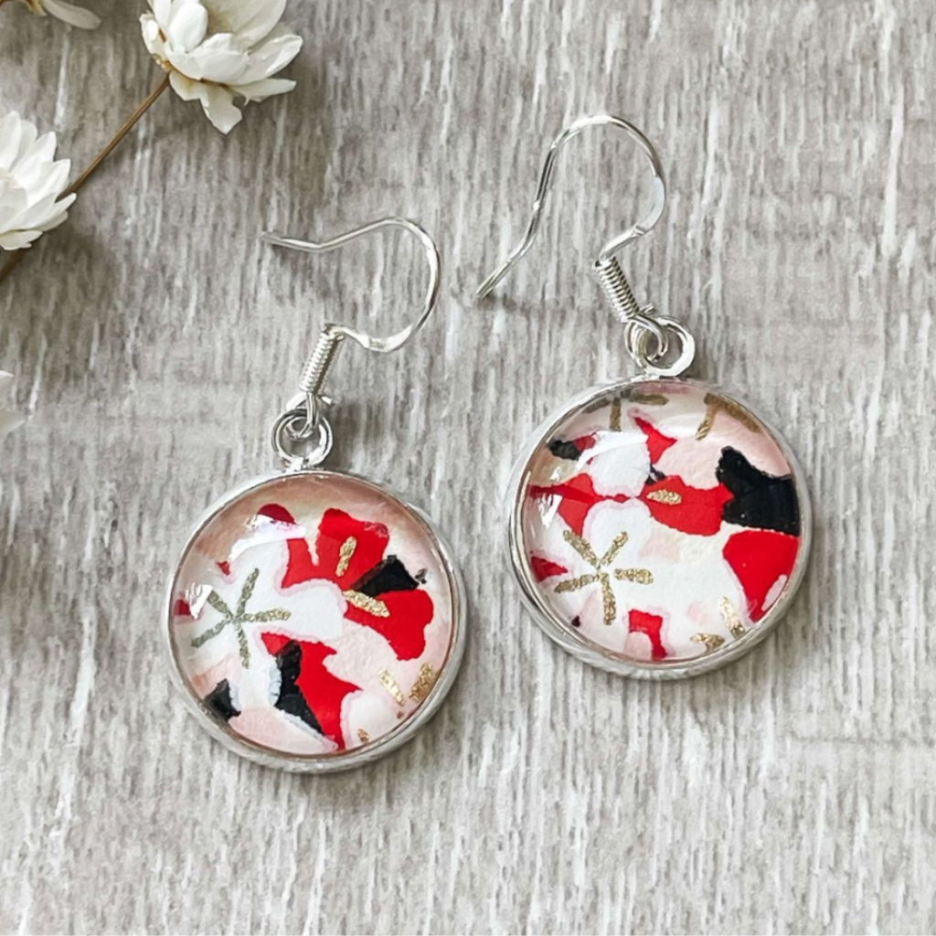 Red, black and white earrings handmade with unique Japanese Origami Papers