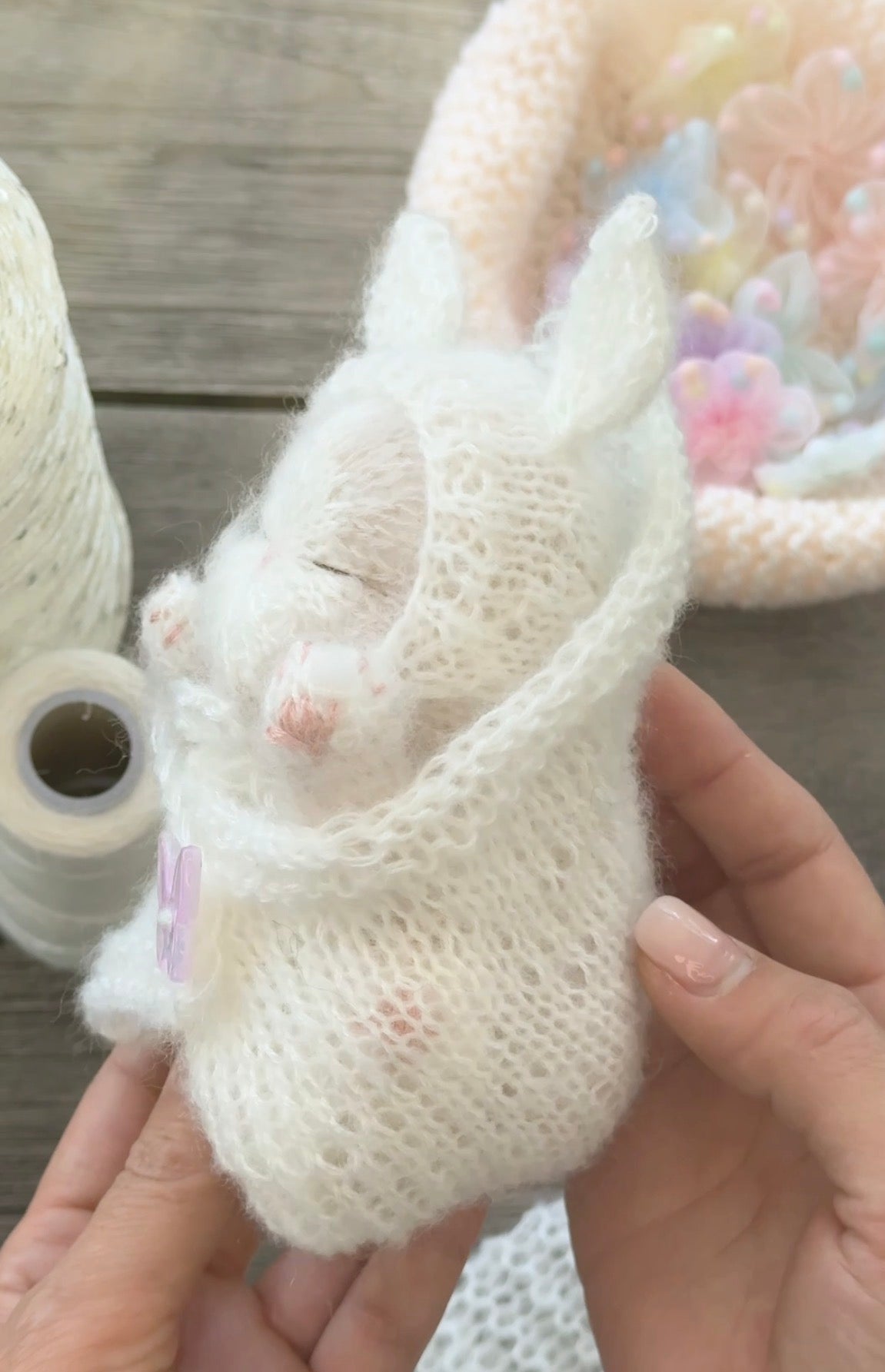 Handmade Sleeping Kitten in a Bunny Bonnet & Cozy Blanket with Butterfly Button
