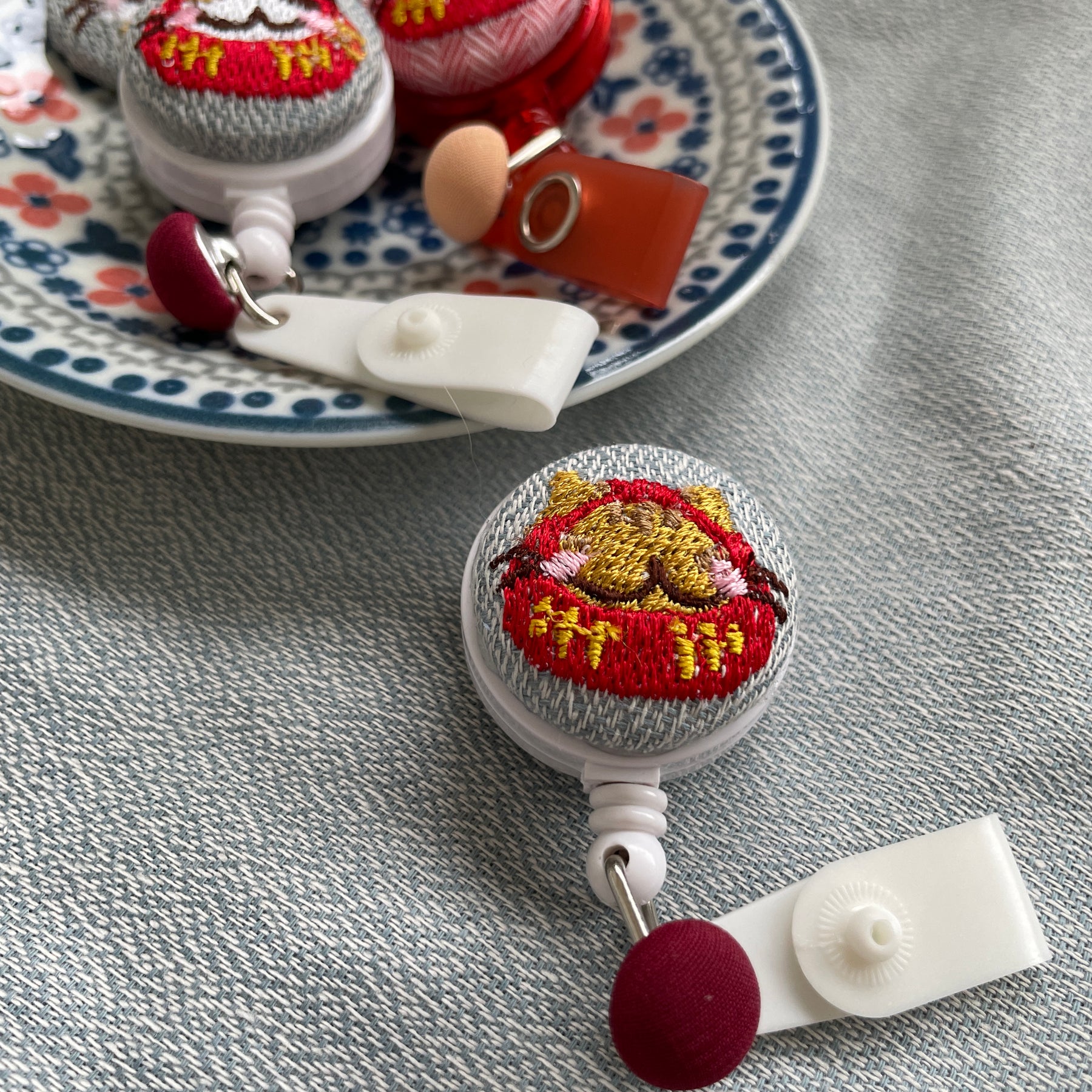 Embroidered Daruma CATS Nurse Badge Reels w Japanese Fabric