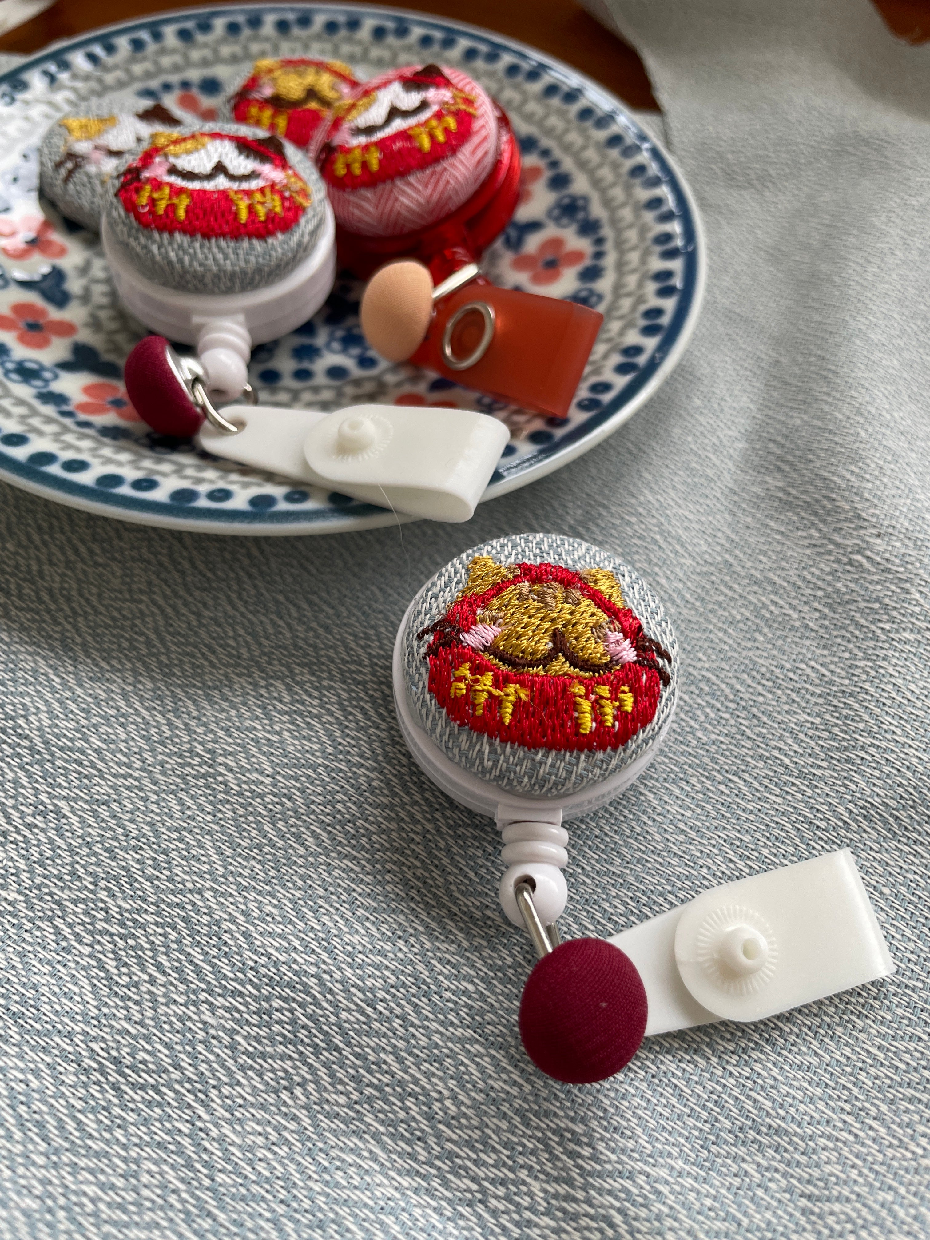 Embroidered Daruma CATS Nurse Badge Reels w Japanese Fabric