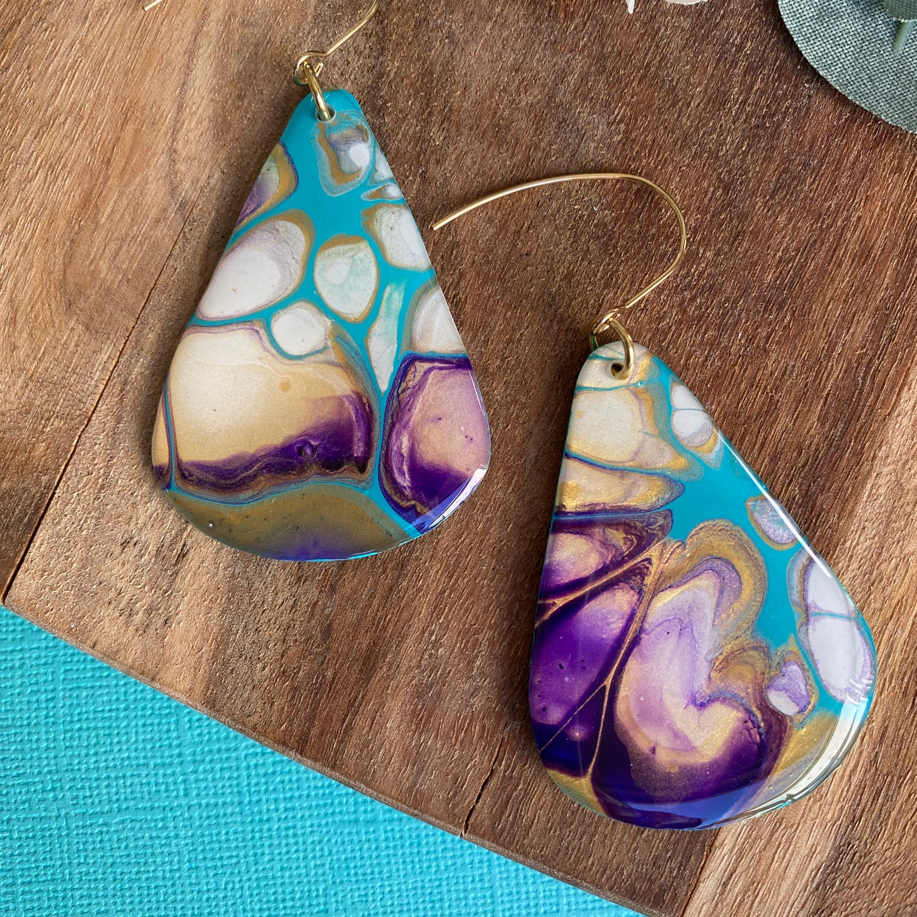 Stunning Turquoise and Gold Abstract Art Earrings
