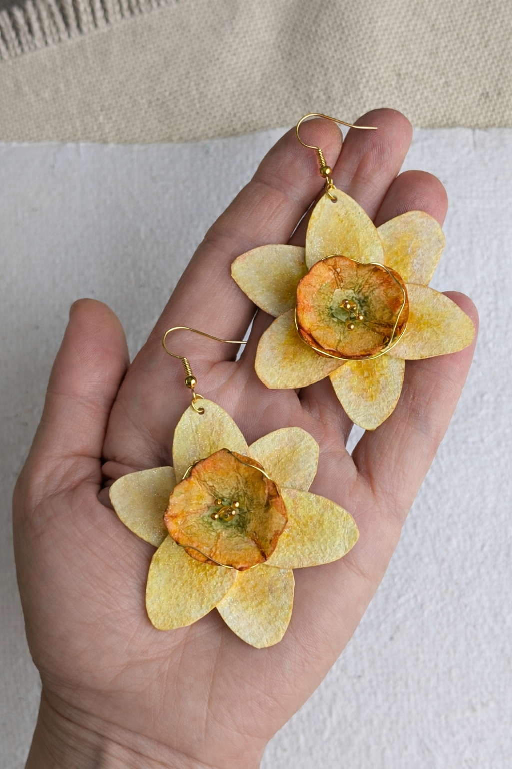 Handpainted Daffodil Earrings – March Birth Flower Jewellery, Paper Anniversary Gift, Botanical Statement Earrings