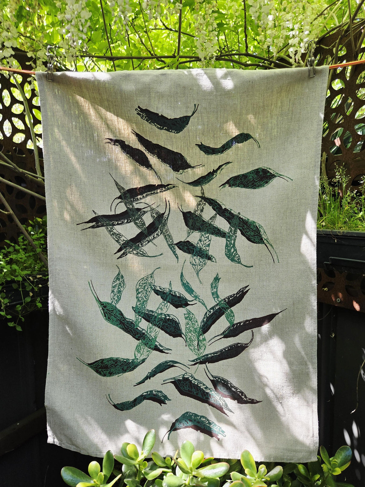 Hand Printed Linen Tea Towels-Eucalypt Fallen Leaves