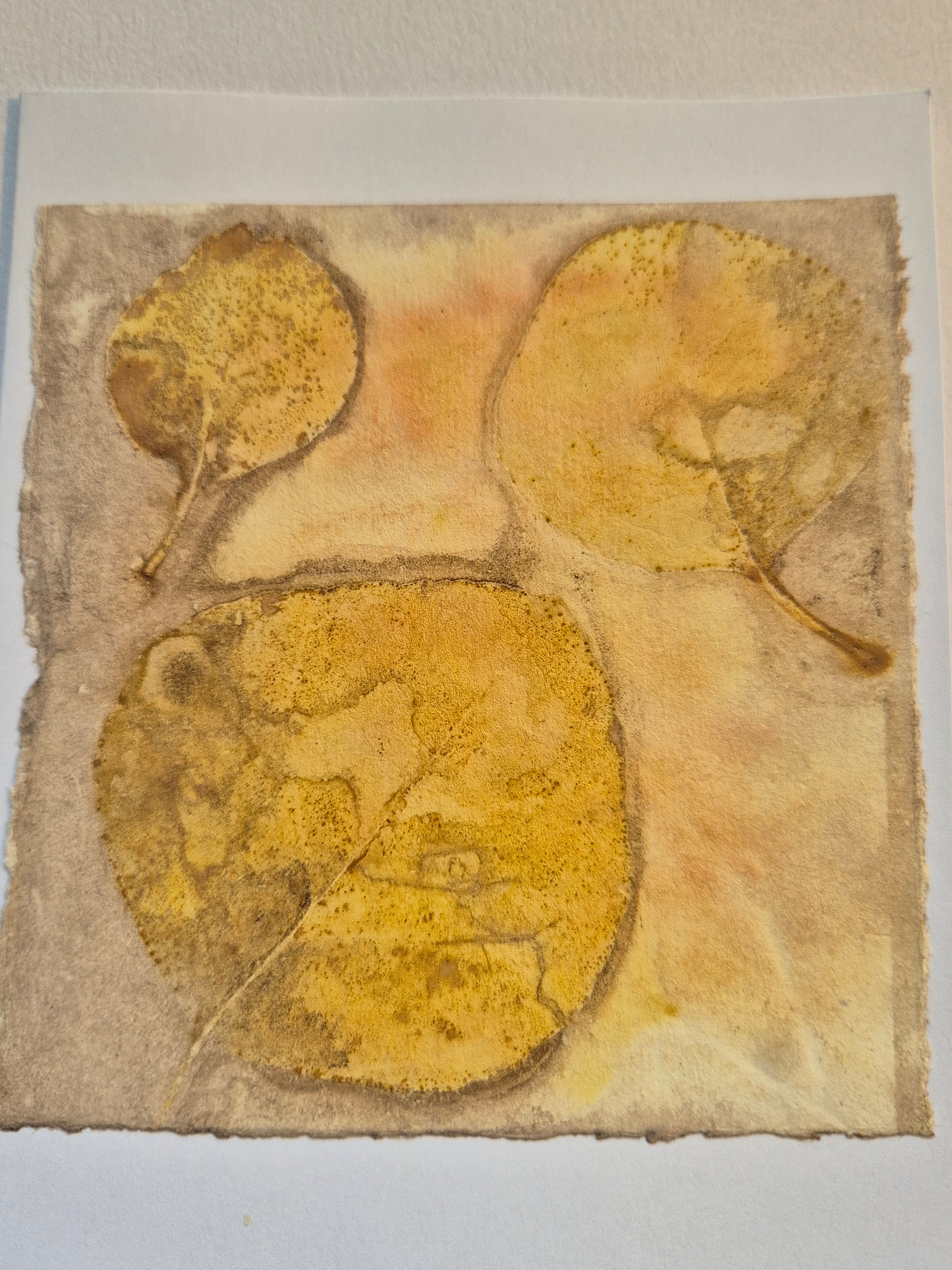 Card original ecoprinted golden pink eucalyptus leaves