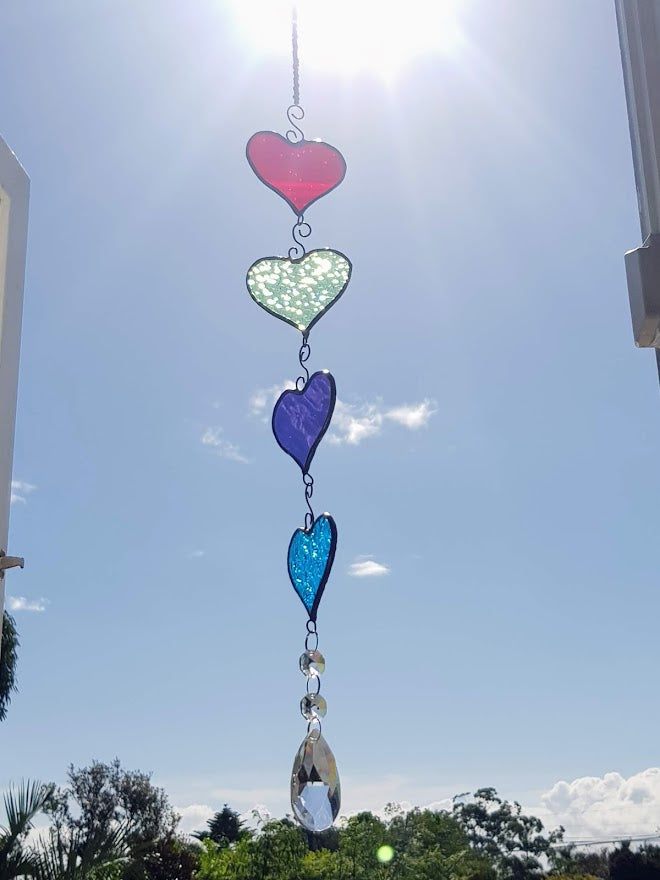 Stained glass hearts suncatcher with rainbow making crystals