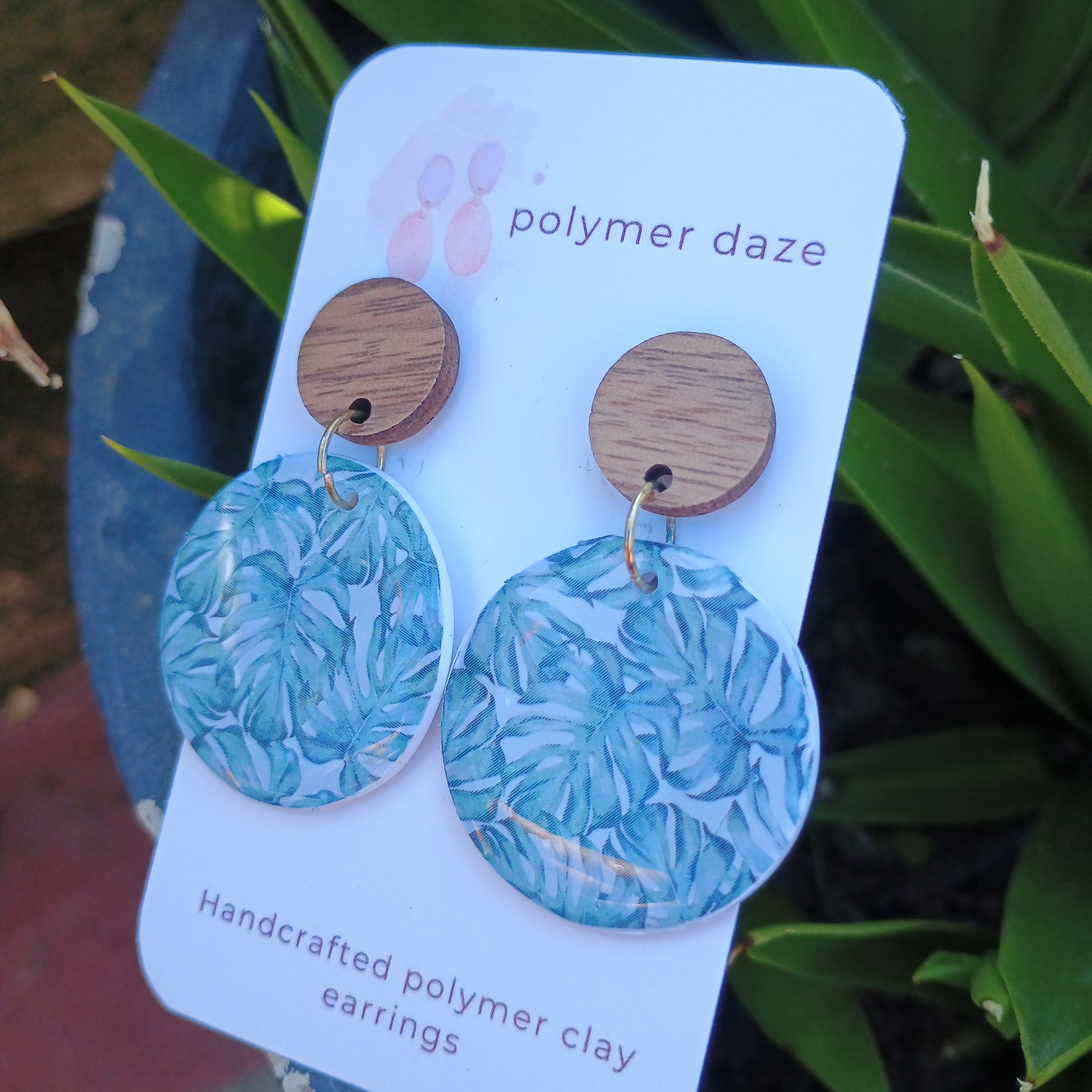 Monstera earrings with natural wood stud