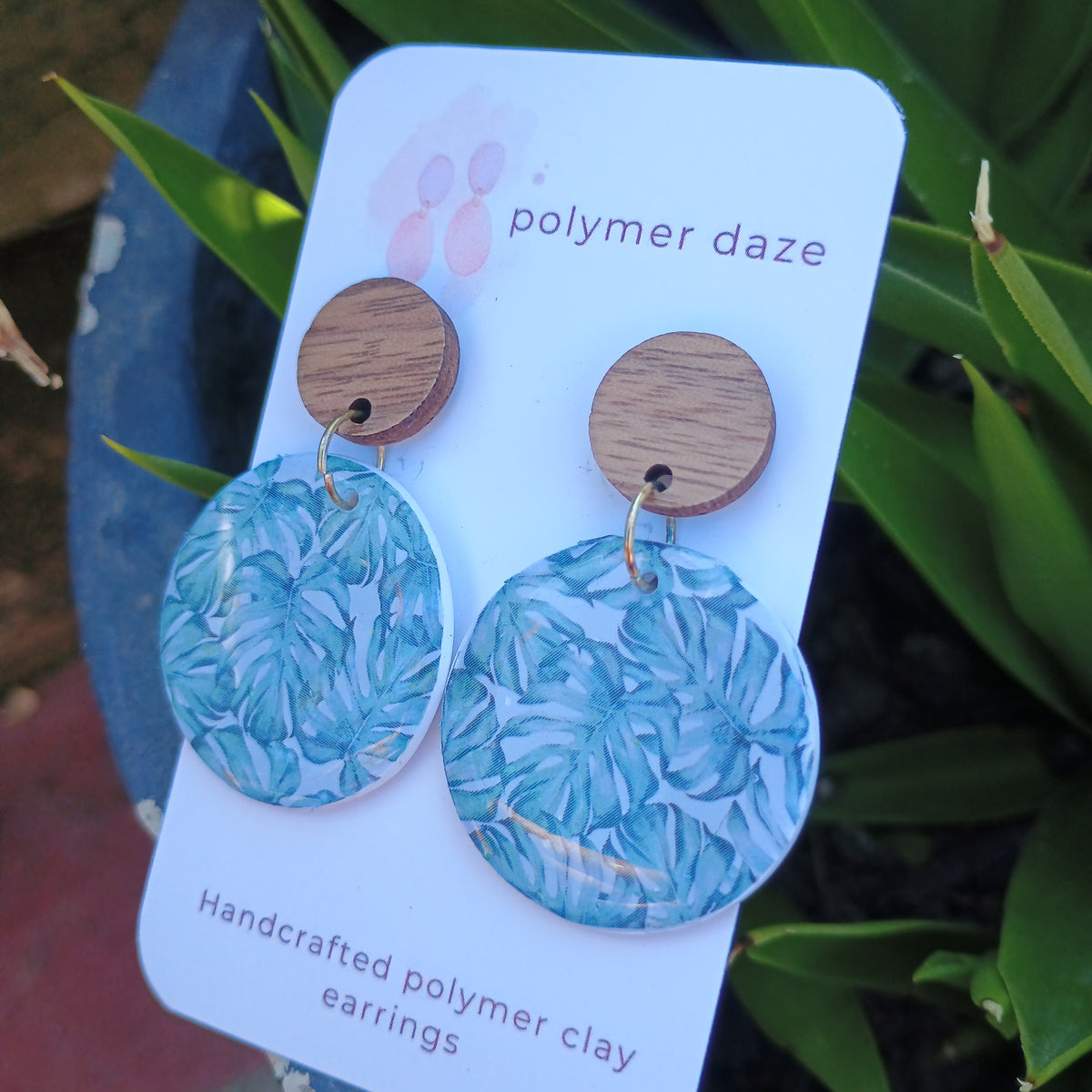 Monstera earrings with natural wood stud