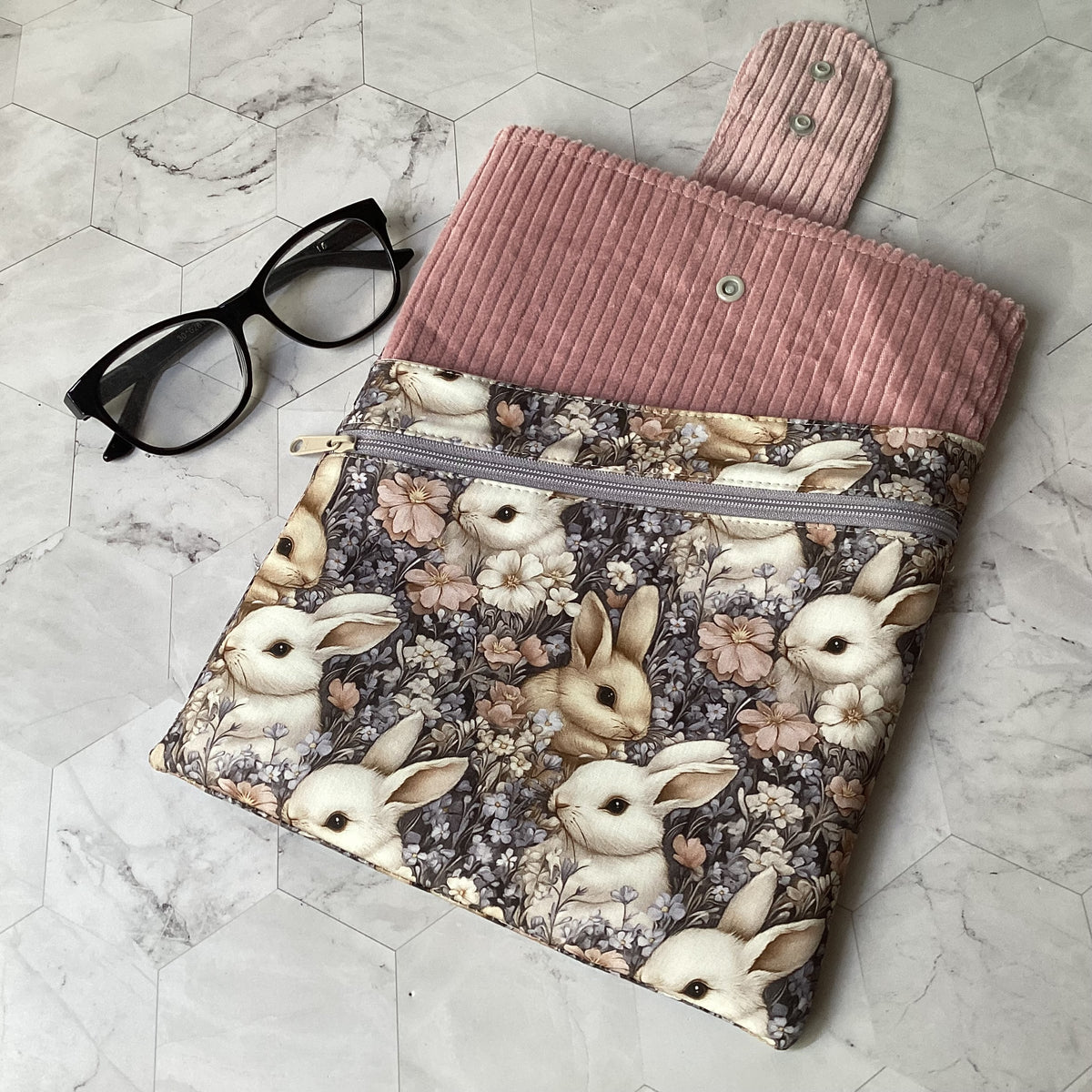Bunny Rabbits fabric book sleeve with 2 pockets. iPad, tablet pouch