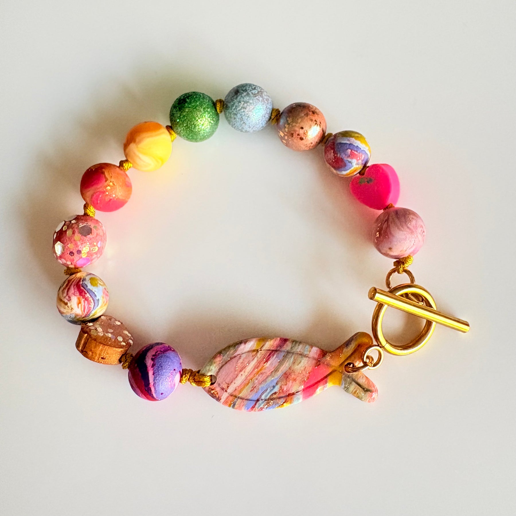 Colourful Hand-Rolled Bead Bracelet with Christian Fish Charm