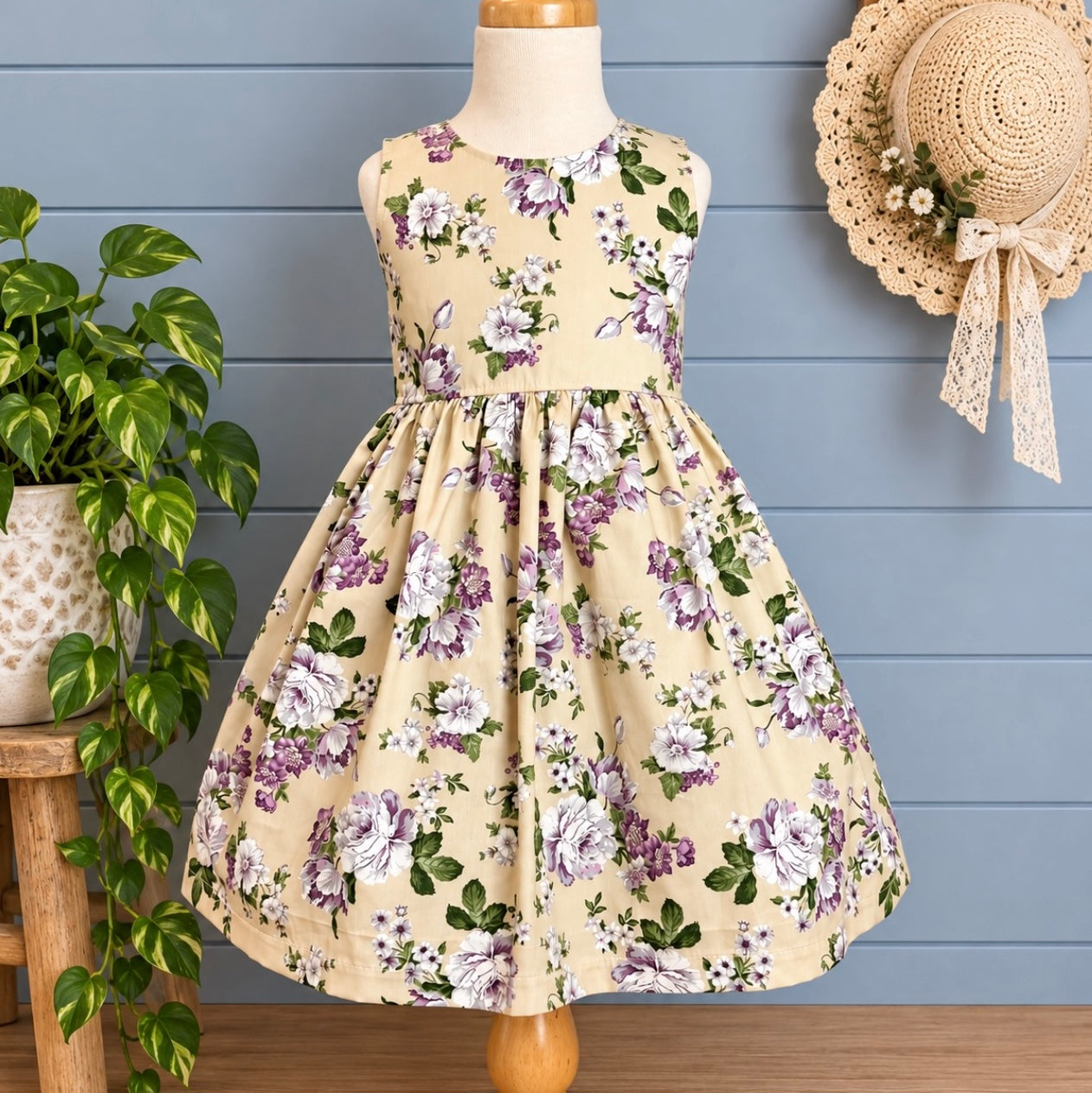 Beige with Violet Roses Girls Sundress - SIZES 3, 5 & 6