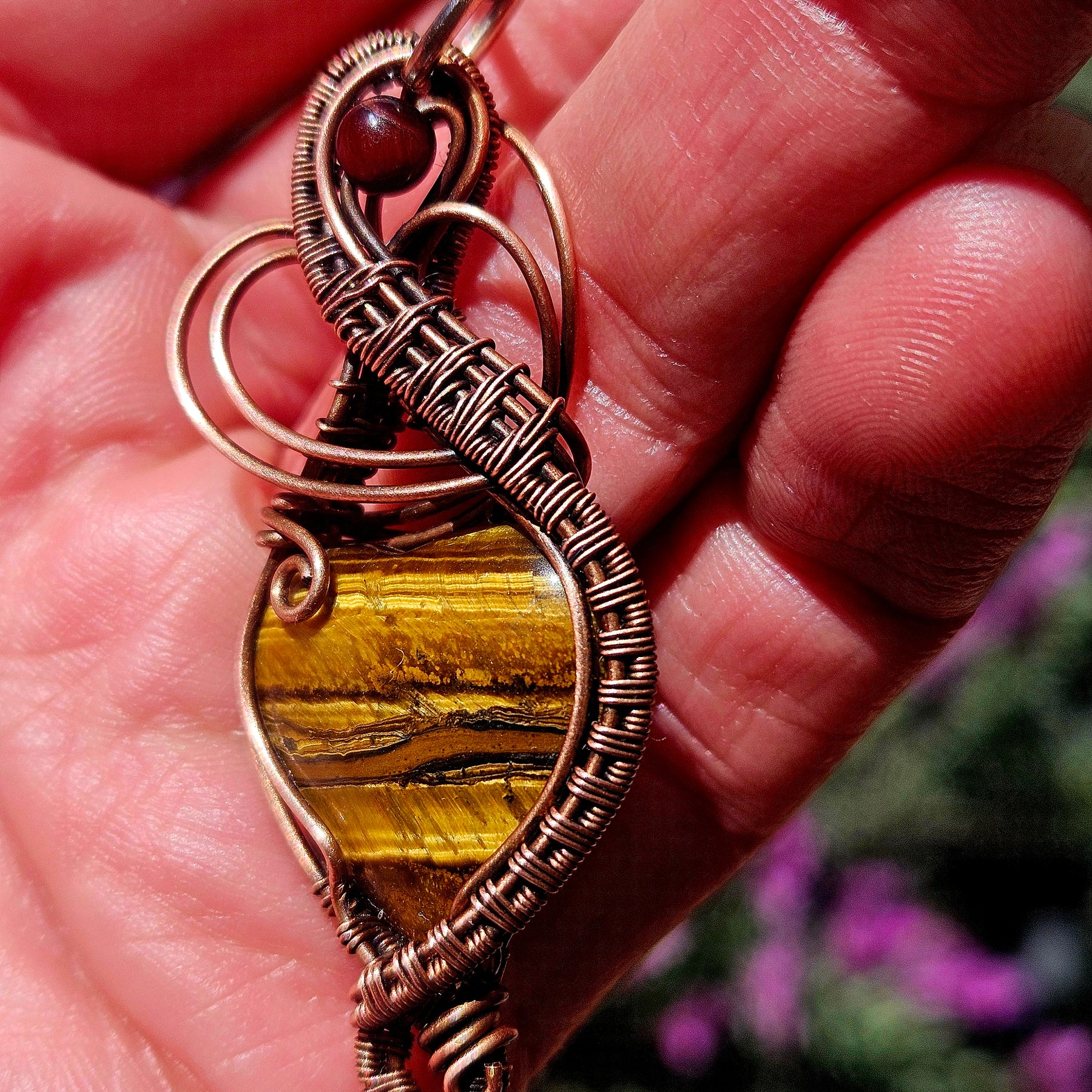 Copper Wire-Wrapped Tiger’s Eye Heart Pendant on Adjustable Leather Cord