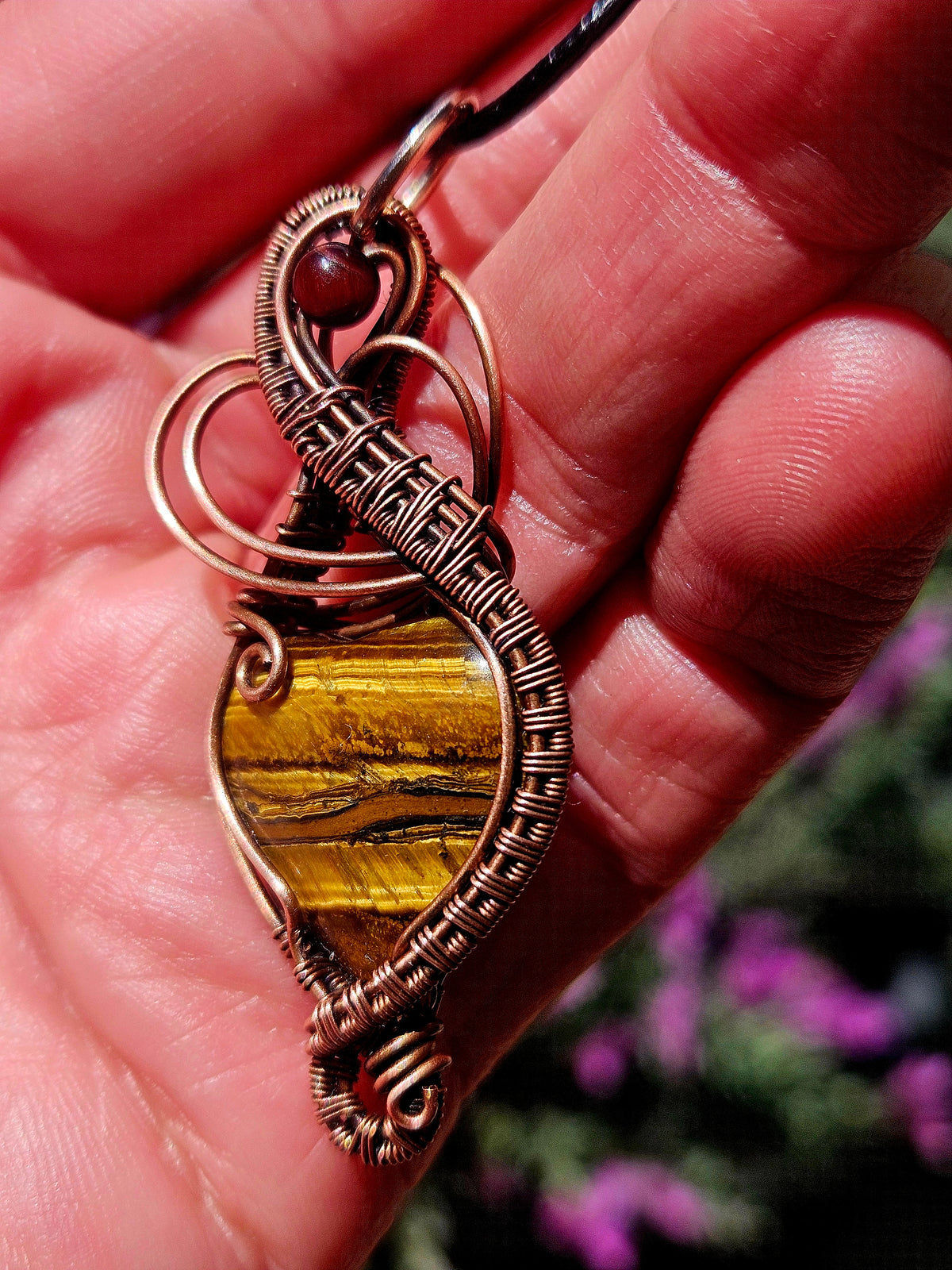 Copper Wire-Wrapped Tiger’s Eye Heart Pendant on Adjustable Leather Cord