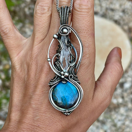 Faden Quartz, Labradorite elven silver pendant wire wrap