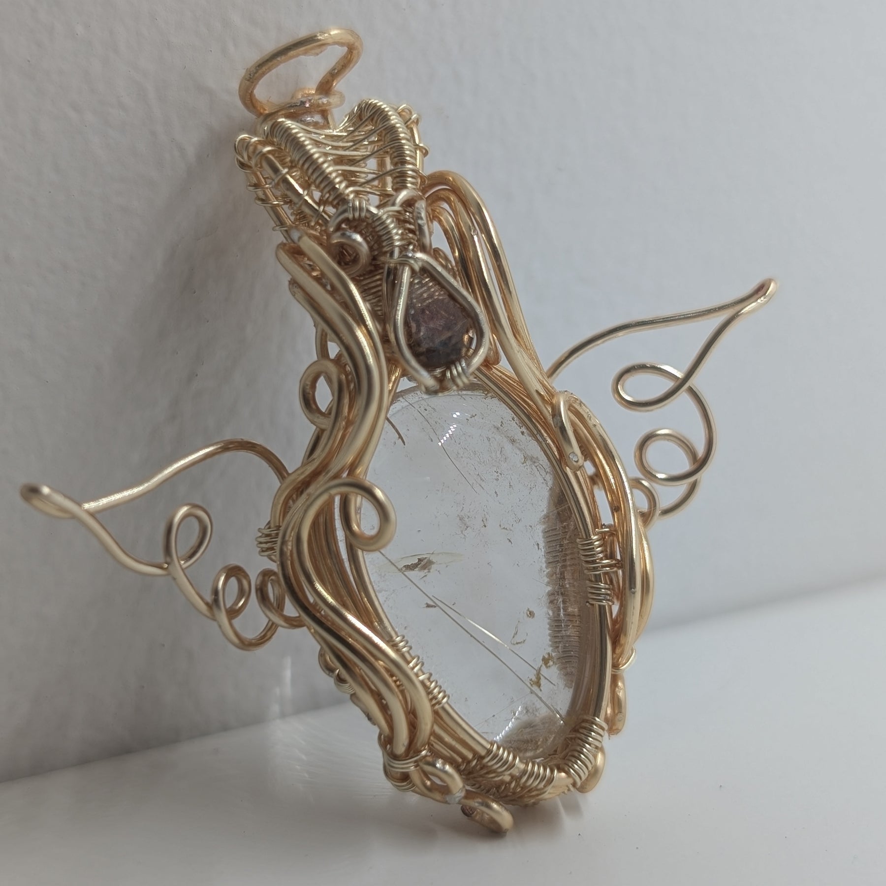 Aetheria - Golden Rutile Quartz with Tourmaline Facet in Gold Coloured Copper