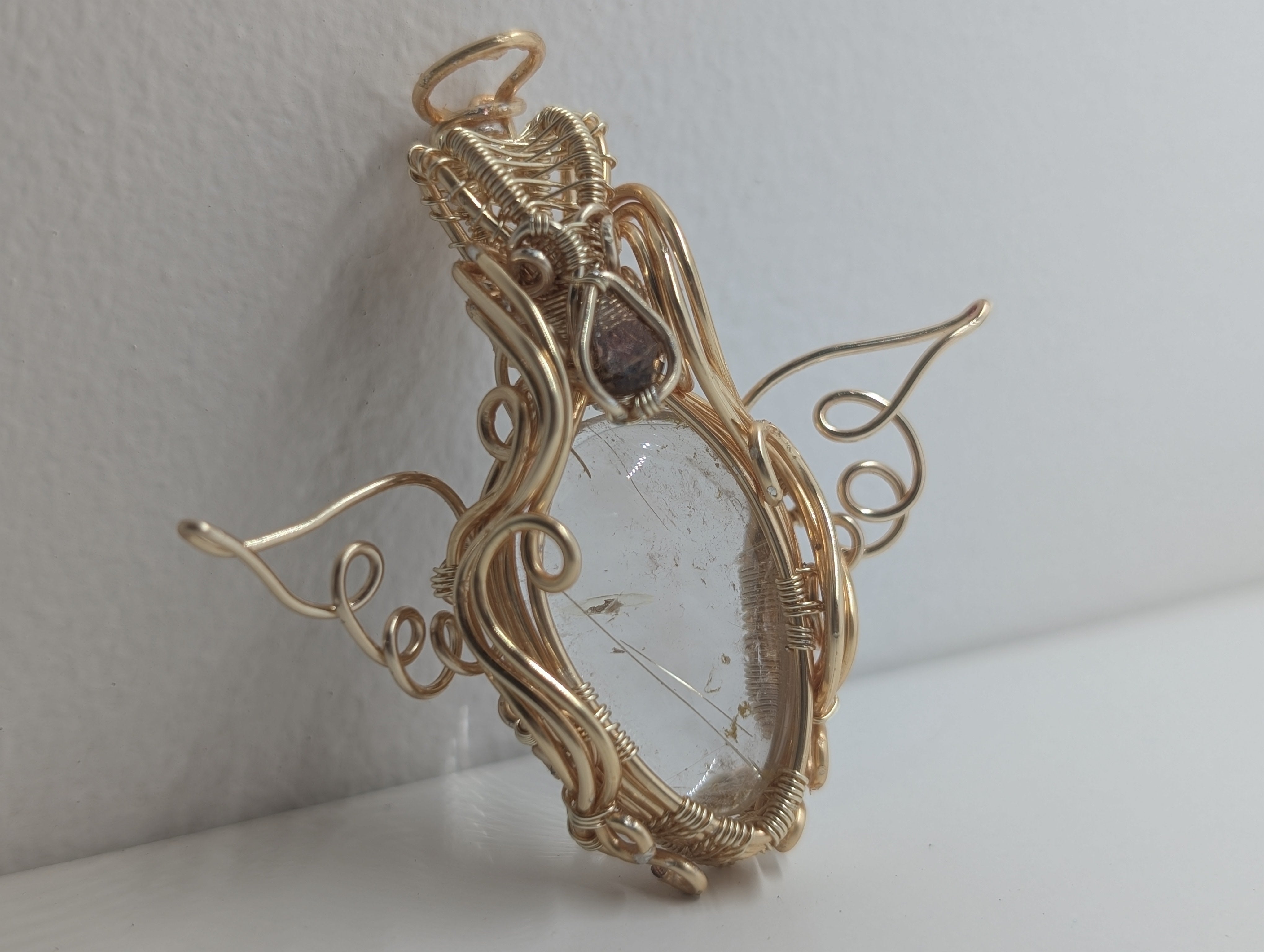 Aetheria - Golden Rutile Quartz with Tourmaline Facet in Gold Coloured Copper