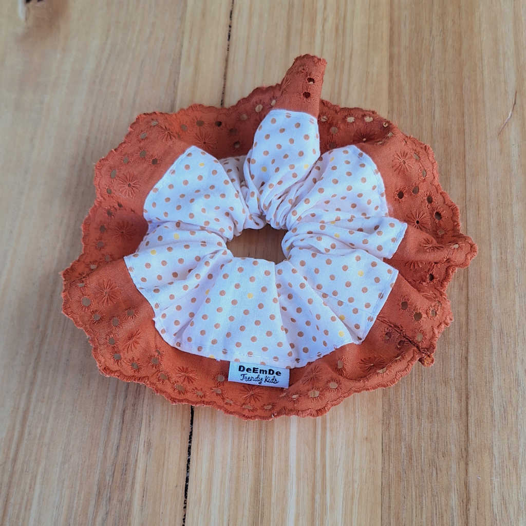 Handmade Girls Ruffle Skirt | Scrunchie | Rust Lace Trim | Size 6