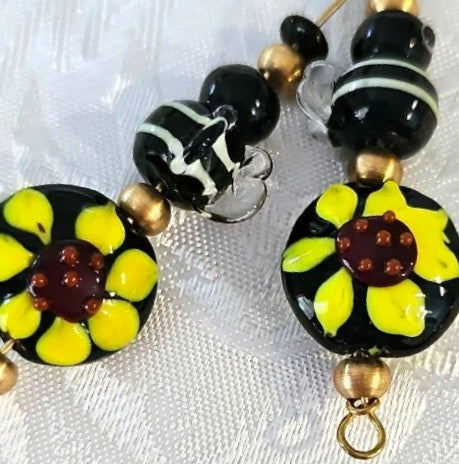 Artisan Made Lampwork Bee and Sunflower Earrings FREE POST