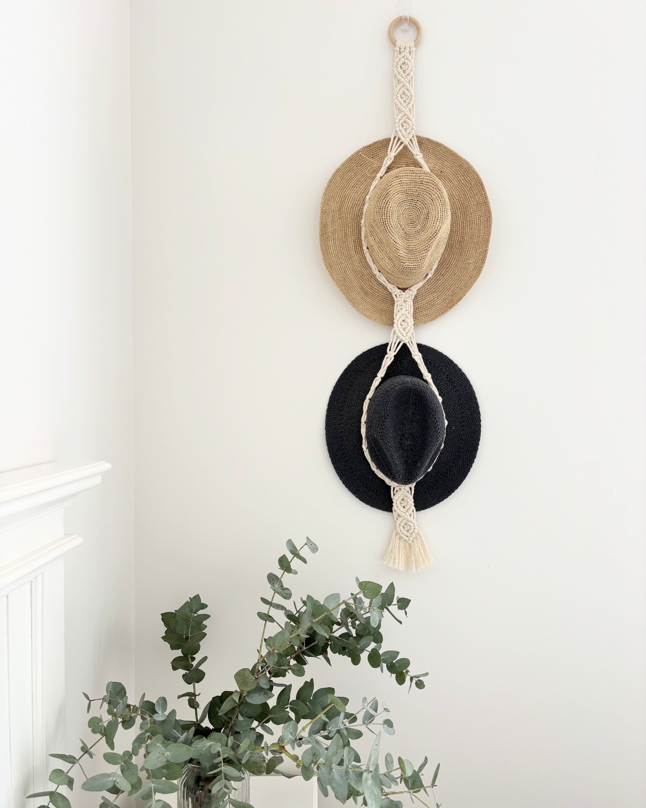 Macrame Hat Hanger - Double - Driftwood or Wood Ring Option