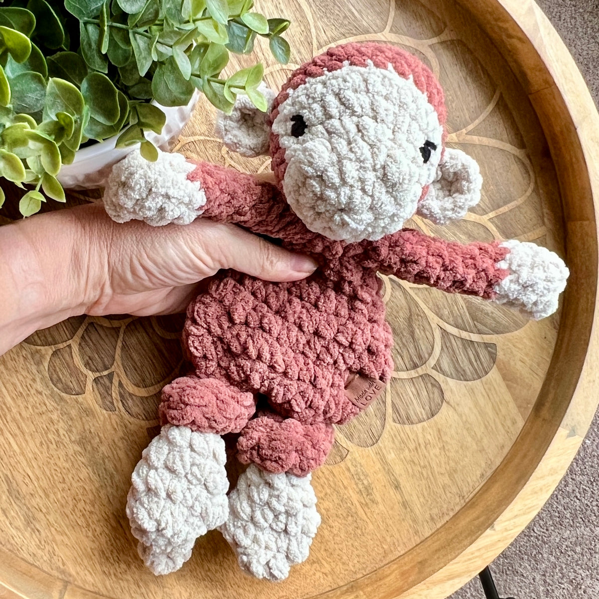 Handmade modern crochet mini toy monkey lovey snuggler
