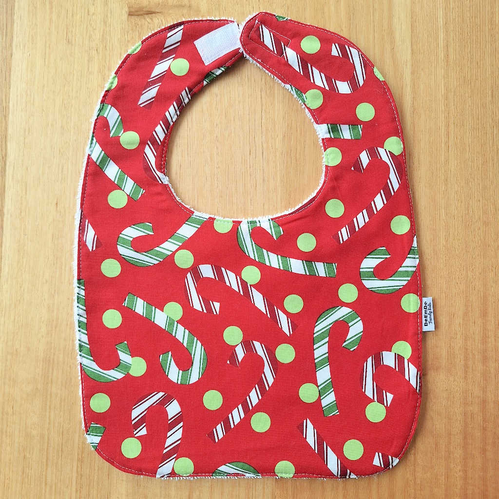 Handmade Christmas Baby Bib – Candy Canes on Red