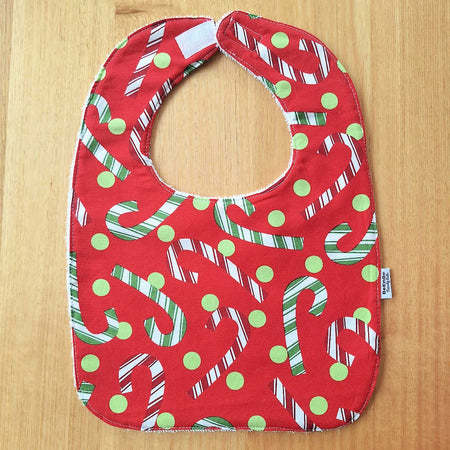 Handmade Christmas Baby Bib – Candy Canes on Red