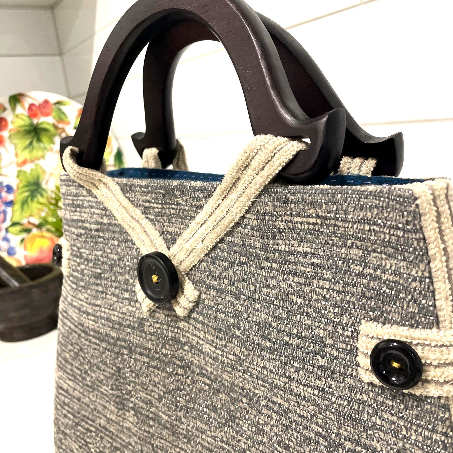Handmade Upcycled Tapestry Handbag with Wooden handles