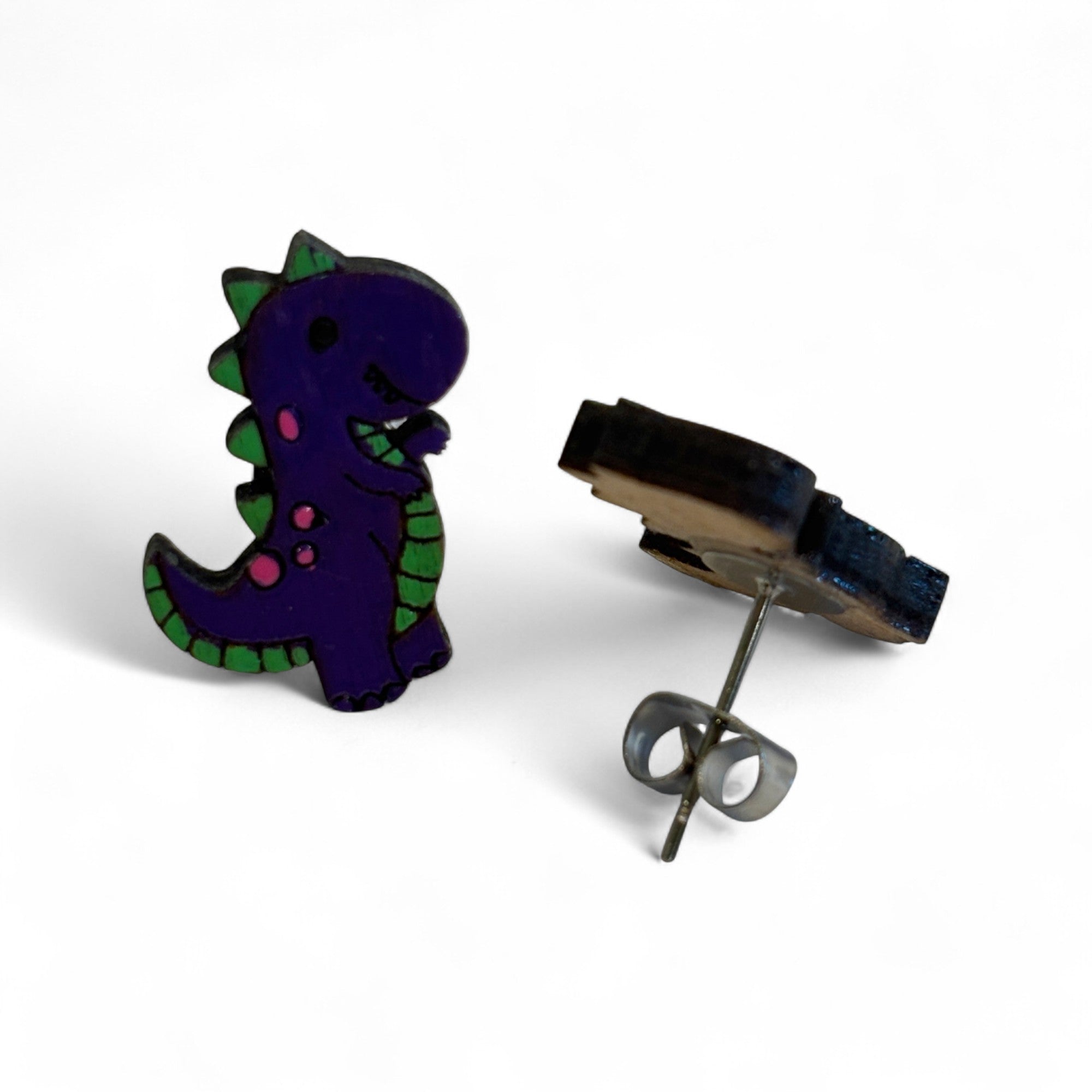 Purple dinosaur studs - wooden, hand painted earrings