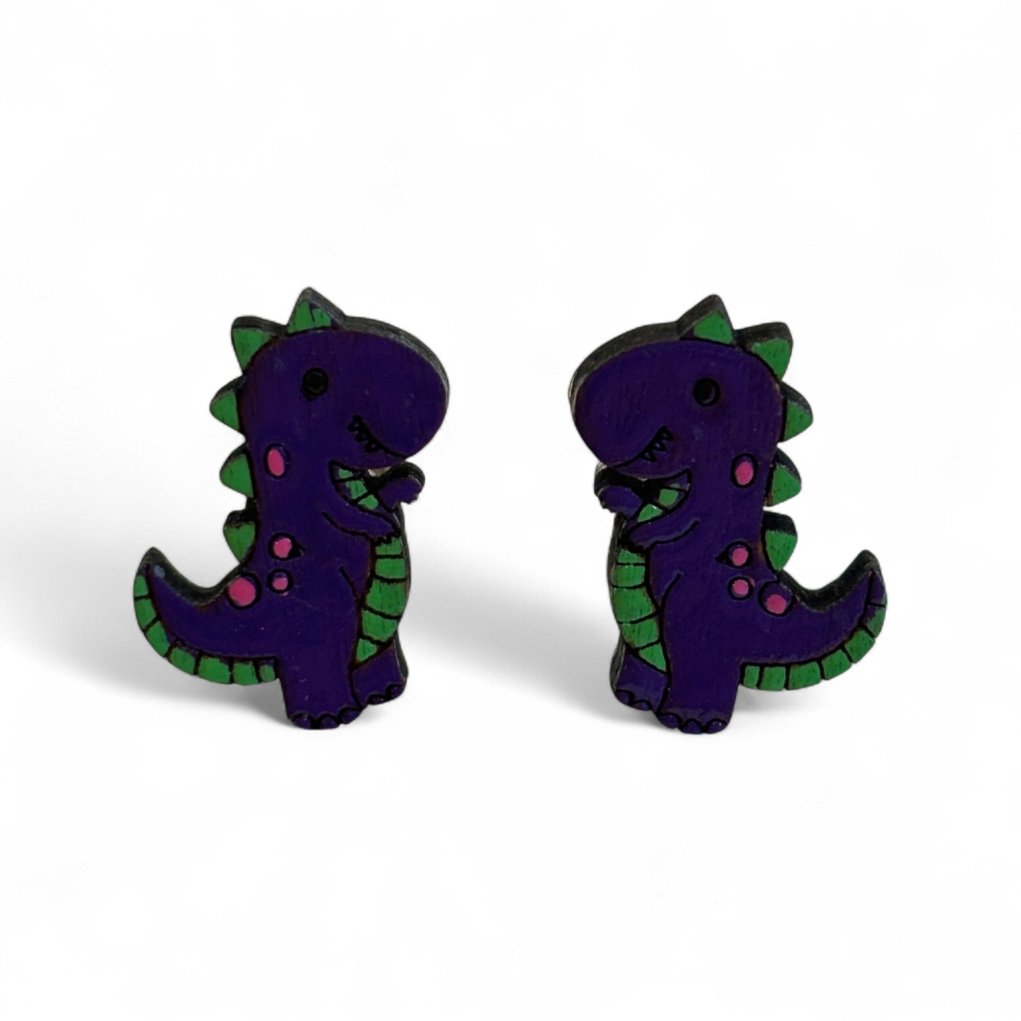Purple dinosaur studs - wooden, hand painted earrings