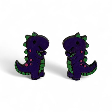 Purple dinosaur studs - wooden, hand painted earrings